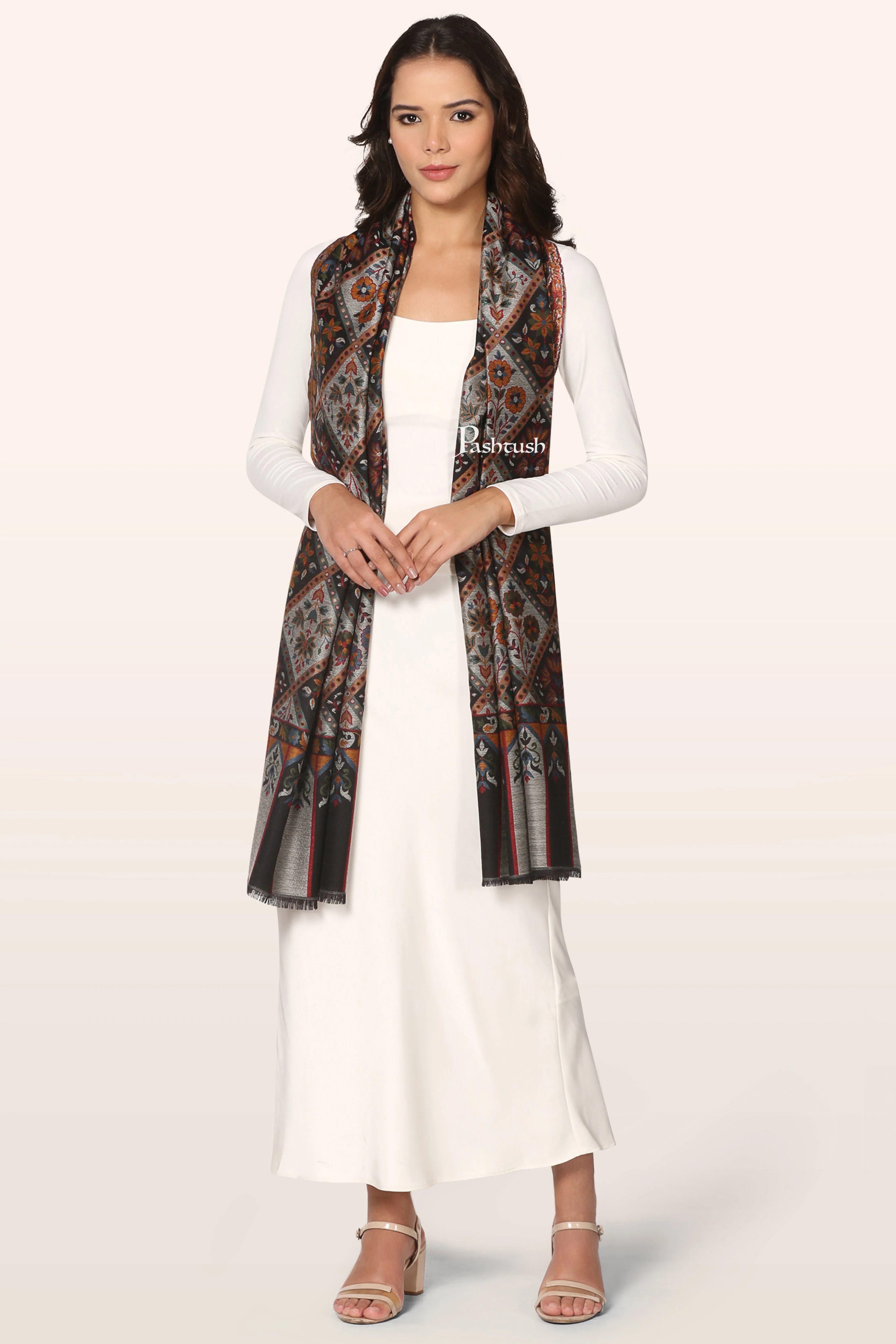 Pashtush Womens Faux Pashmina Stole, Ethnic Weave Design, Black - Image 4