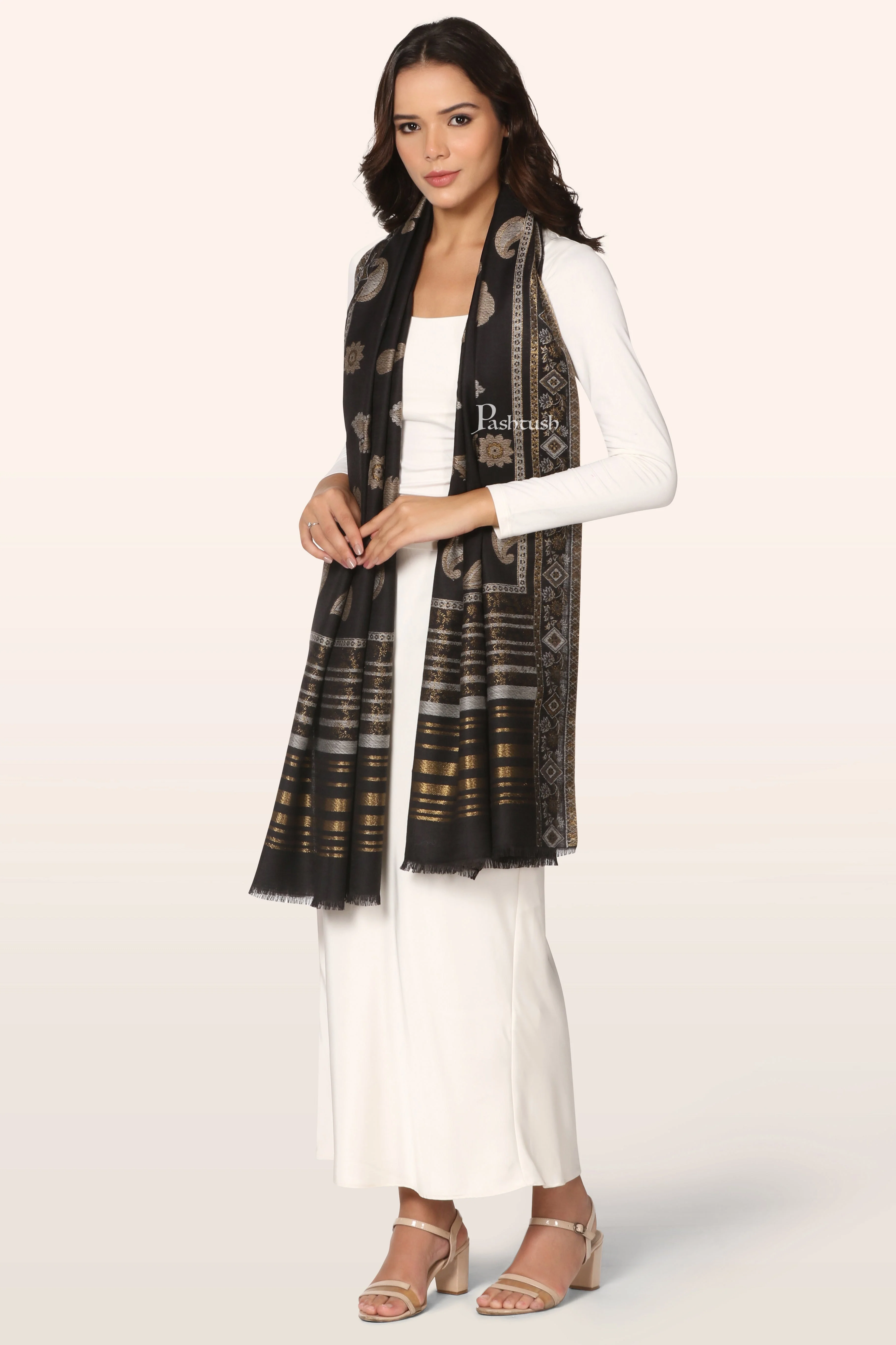 Pashtush Womens Faux Pashmina Stole, With Zari Paisley Design, Black - Image 3