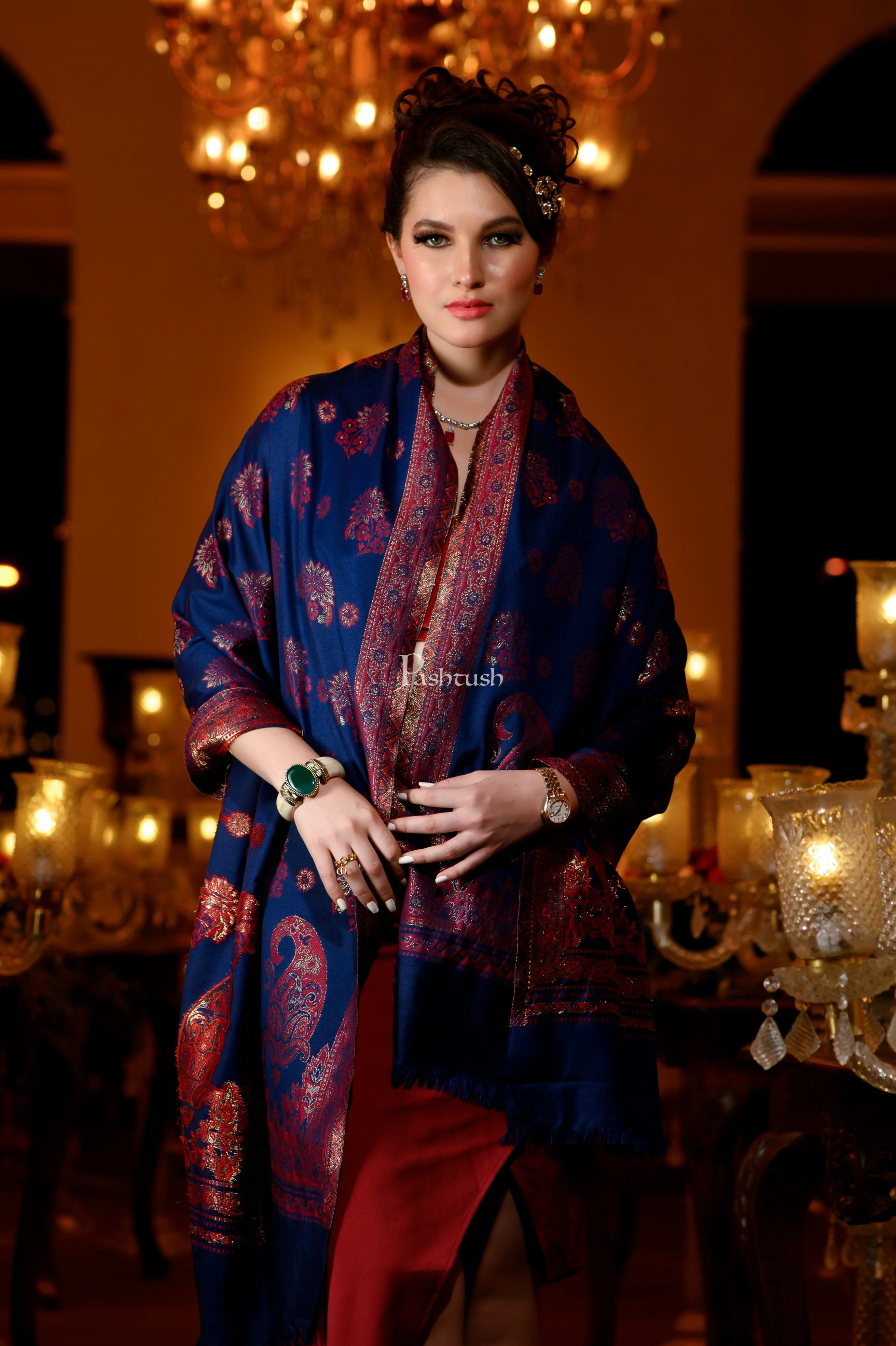 Pashtush Womens Faux Pashmina Stole, Zari Paisley Weave Design, Blue - Image 2