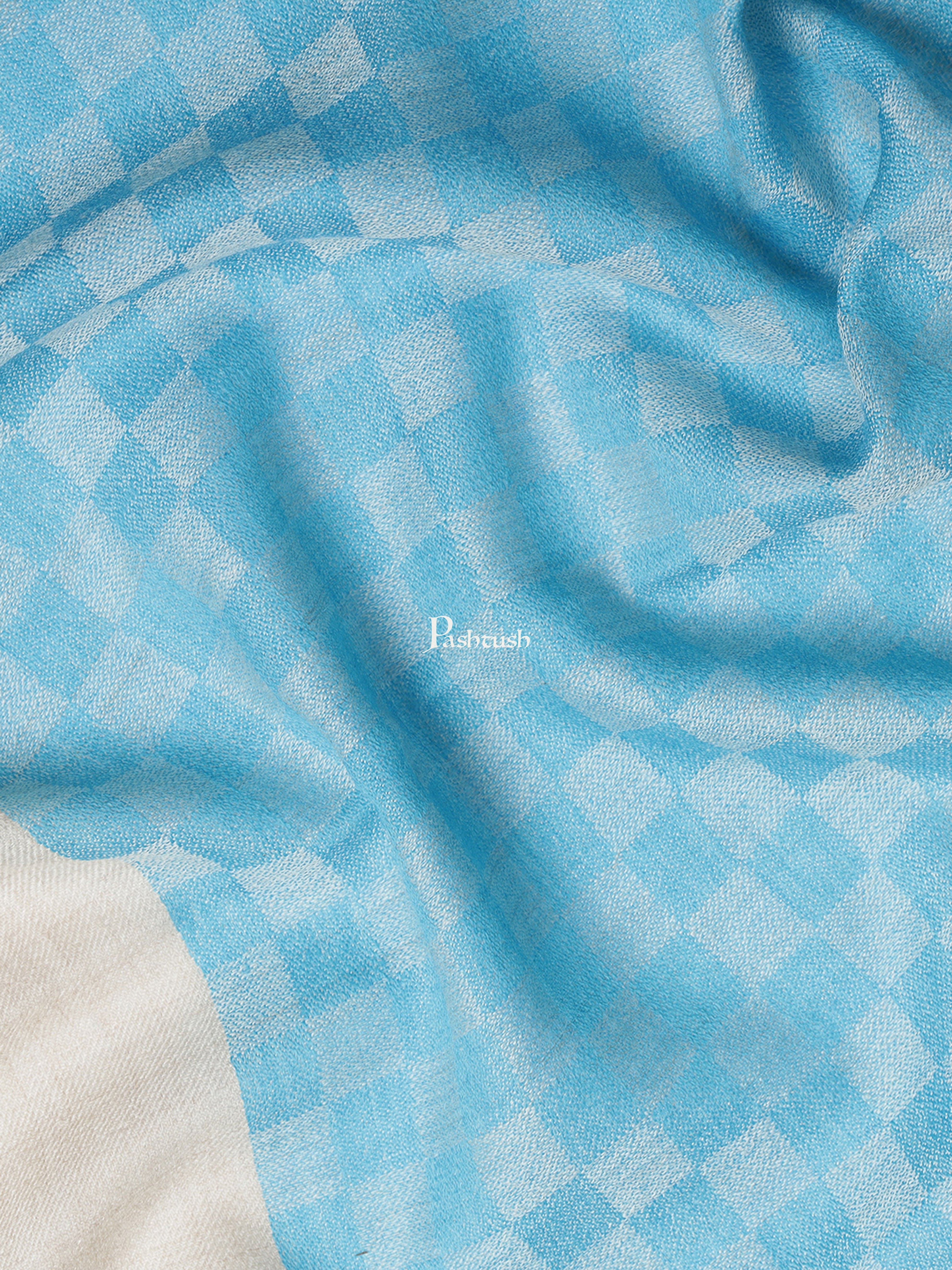 Pashtush Womens, Fine Wool, Checkered Stole, Blue - Image 2
