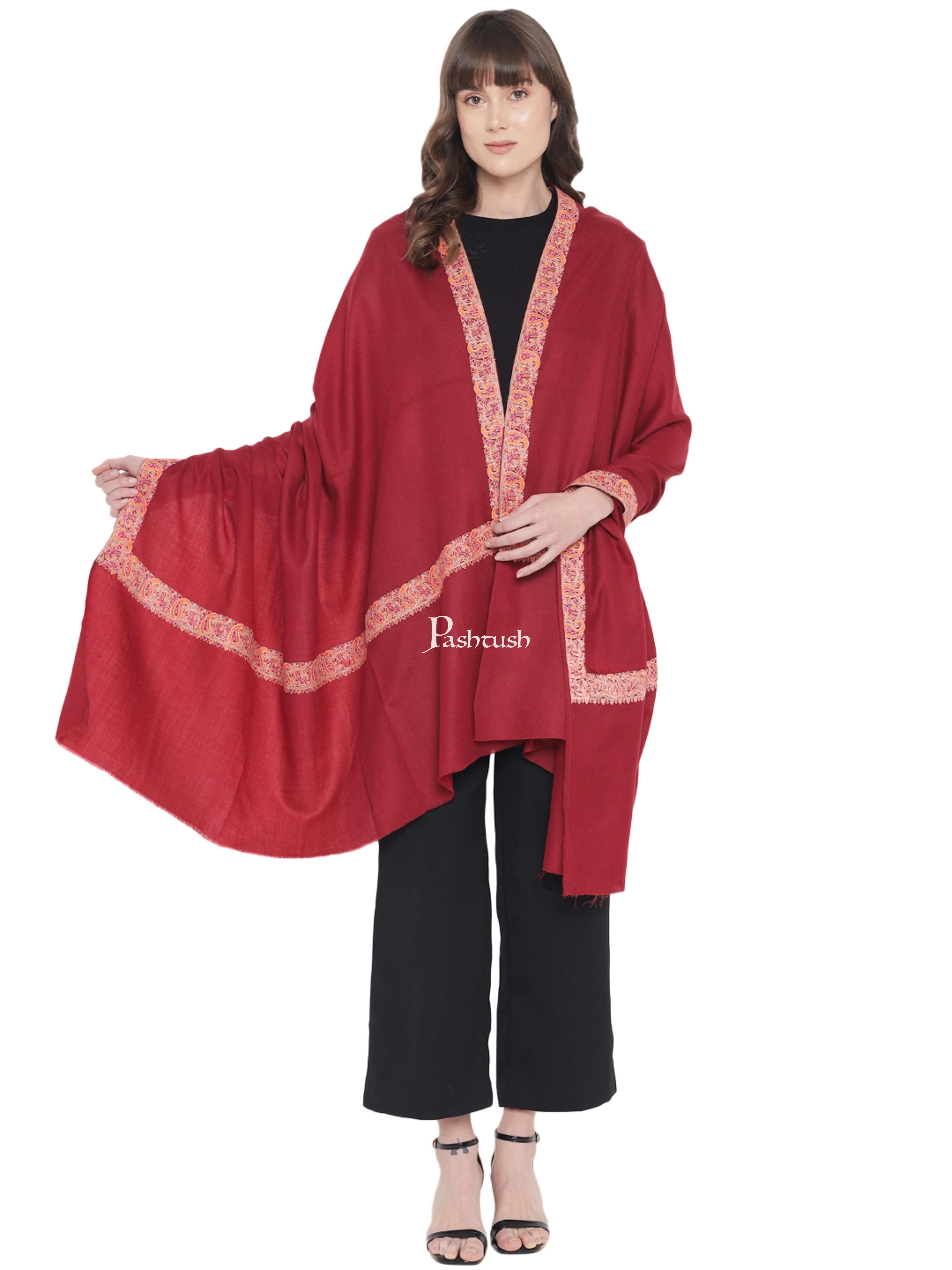 Pashtush Womens Fine Wool Embroidery Shawl, Papier Mache Border, Neem daur, Maroon - Image 3