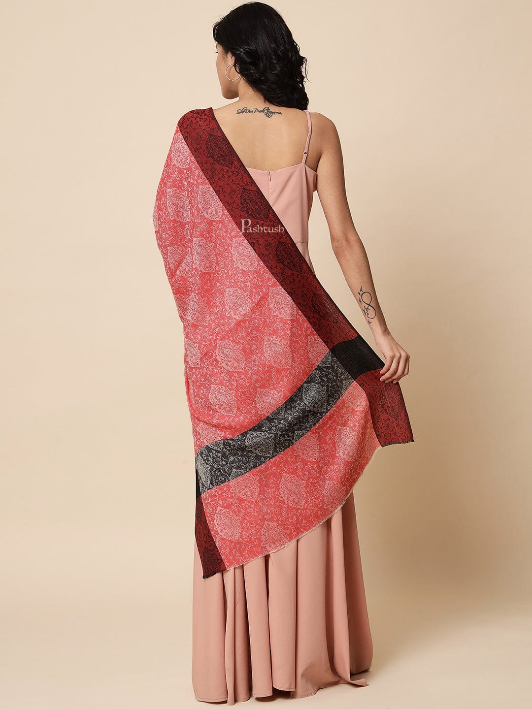 Pashtush Womens Fine Wool, Extra Soft and Warm Paisley Weave Scarf, Red and Black - Image 6