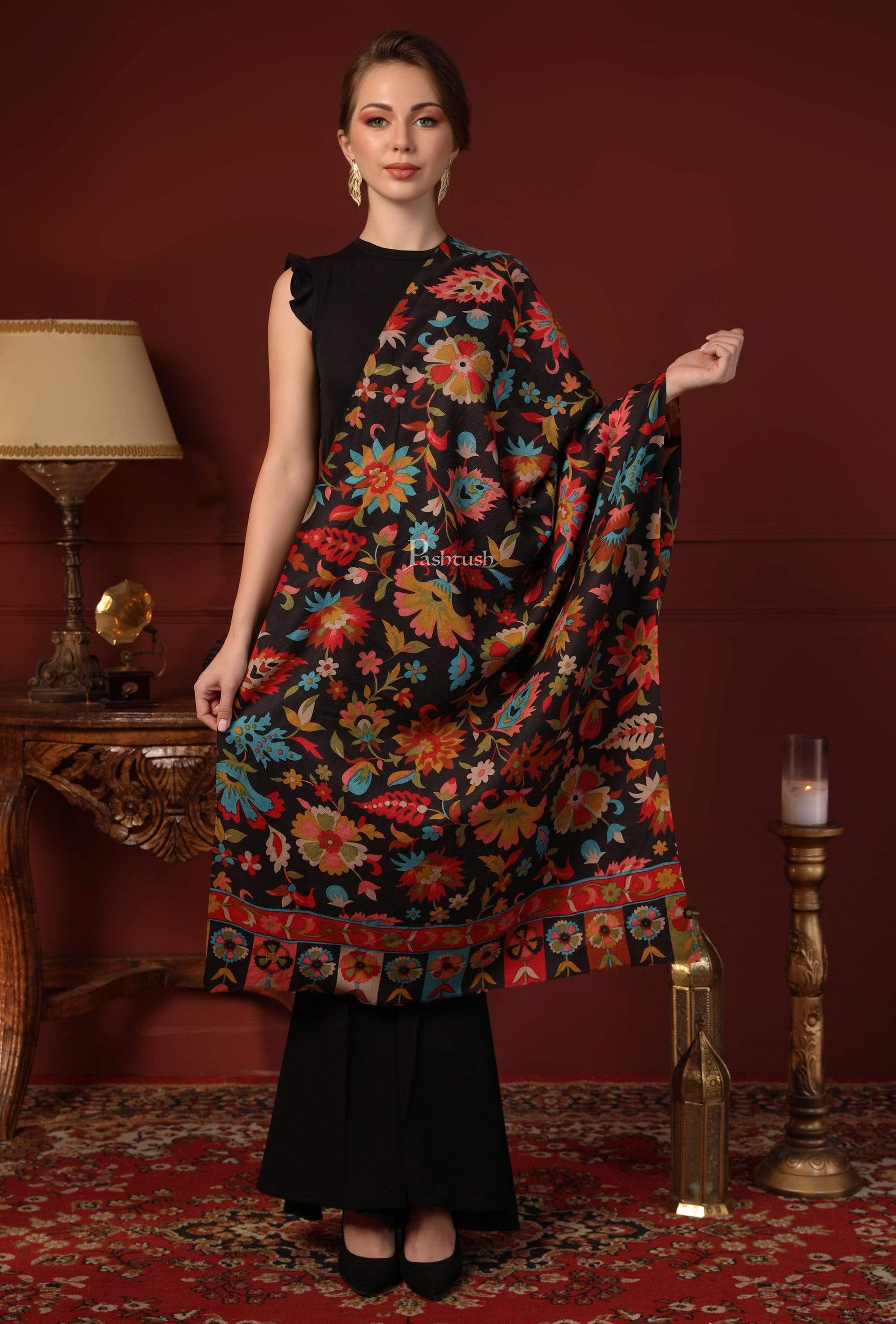 Pashtush Womens Fine Wool Hand Printed Stole, Multicoloured - Image 5