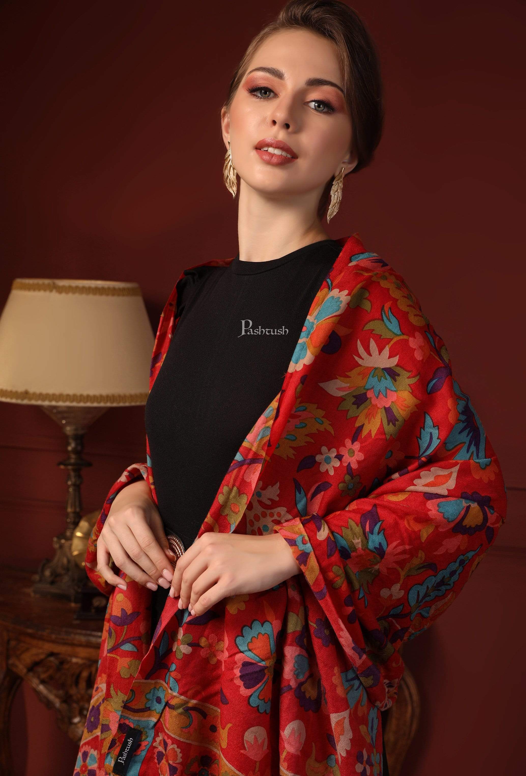 Pashtush Womens Fine Wool Hand Printed Stole, Multicoloured - Image 7