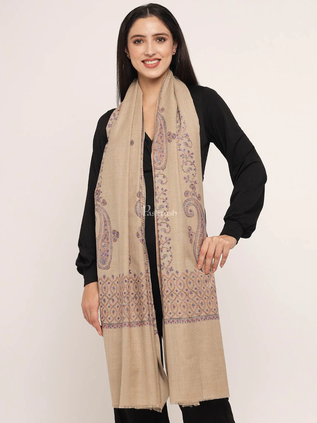 Pashtush womens Fine Wool shawl, 100% hand embroidery design, Beige - Image 2
