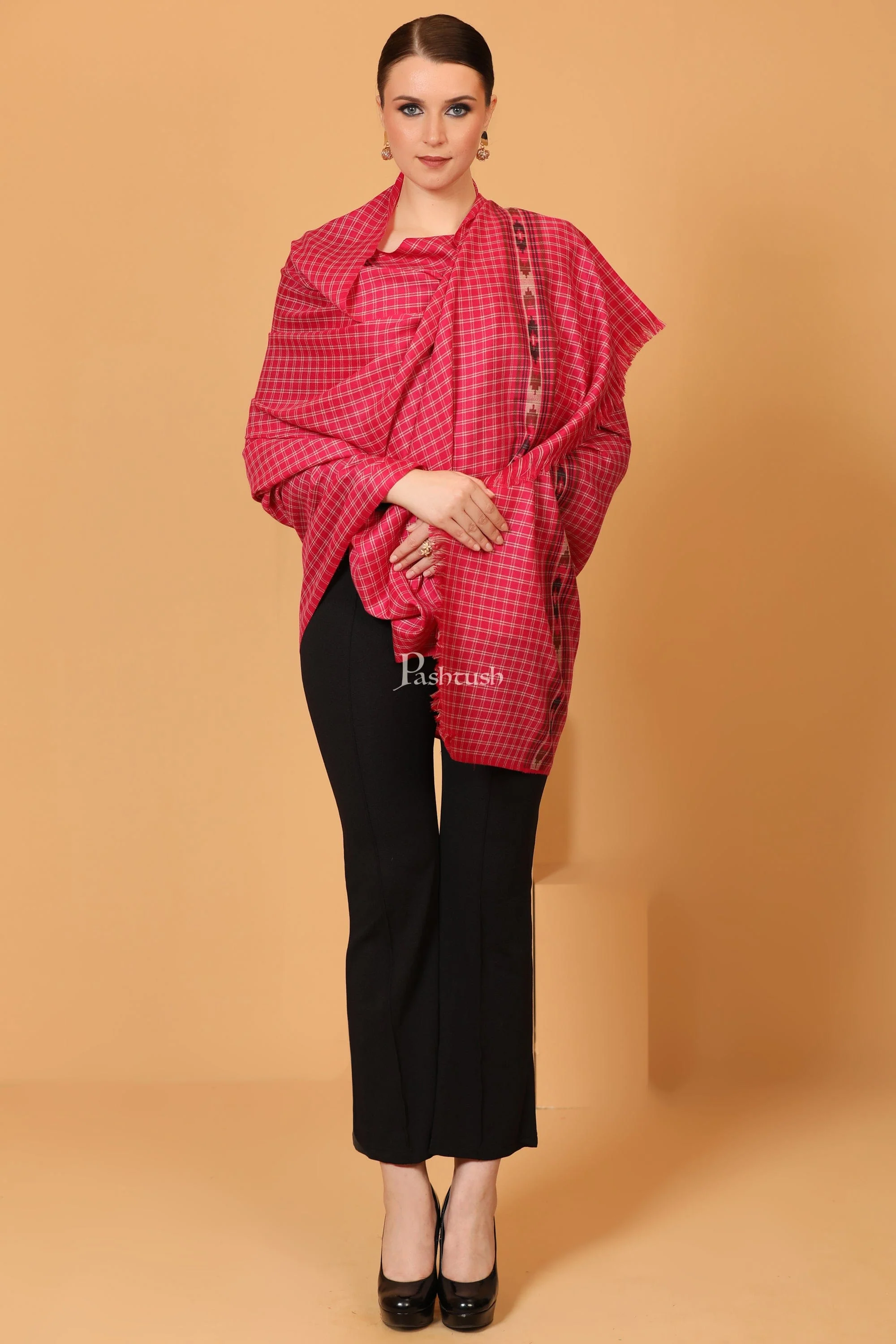 Pashtush Womens Fine Wool Shawl, Aztec Weave, Woven Design, Fuschia - Image 5