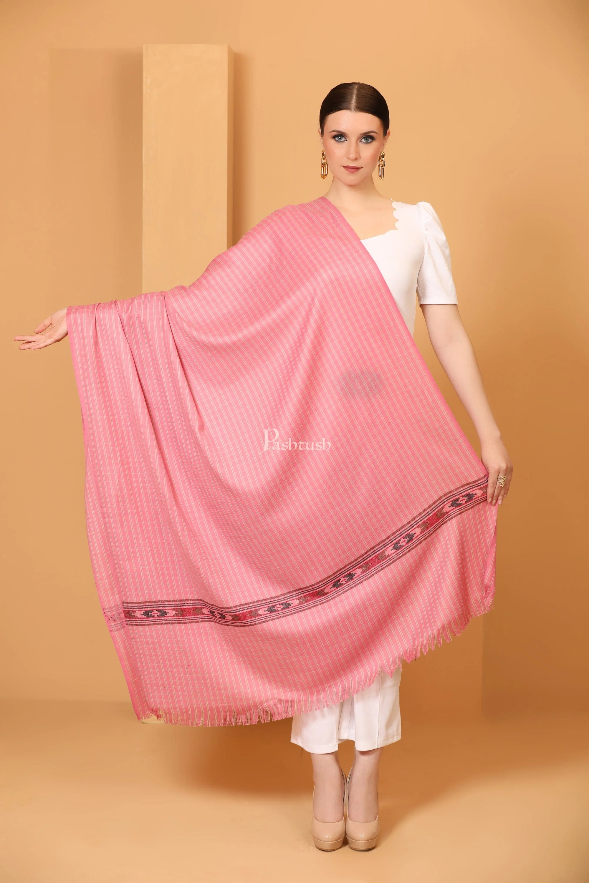 Pashtush Womens Fine Wool Shawl, Aztec Weave, Woven Design, Peruvian Pink - Image 2