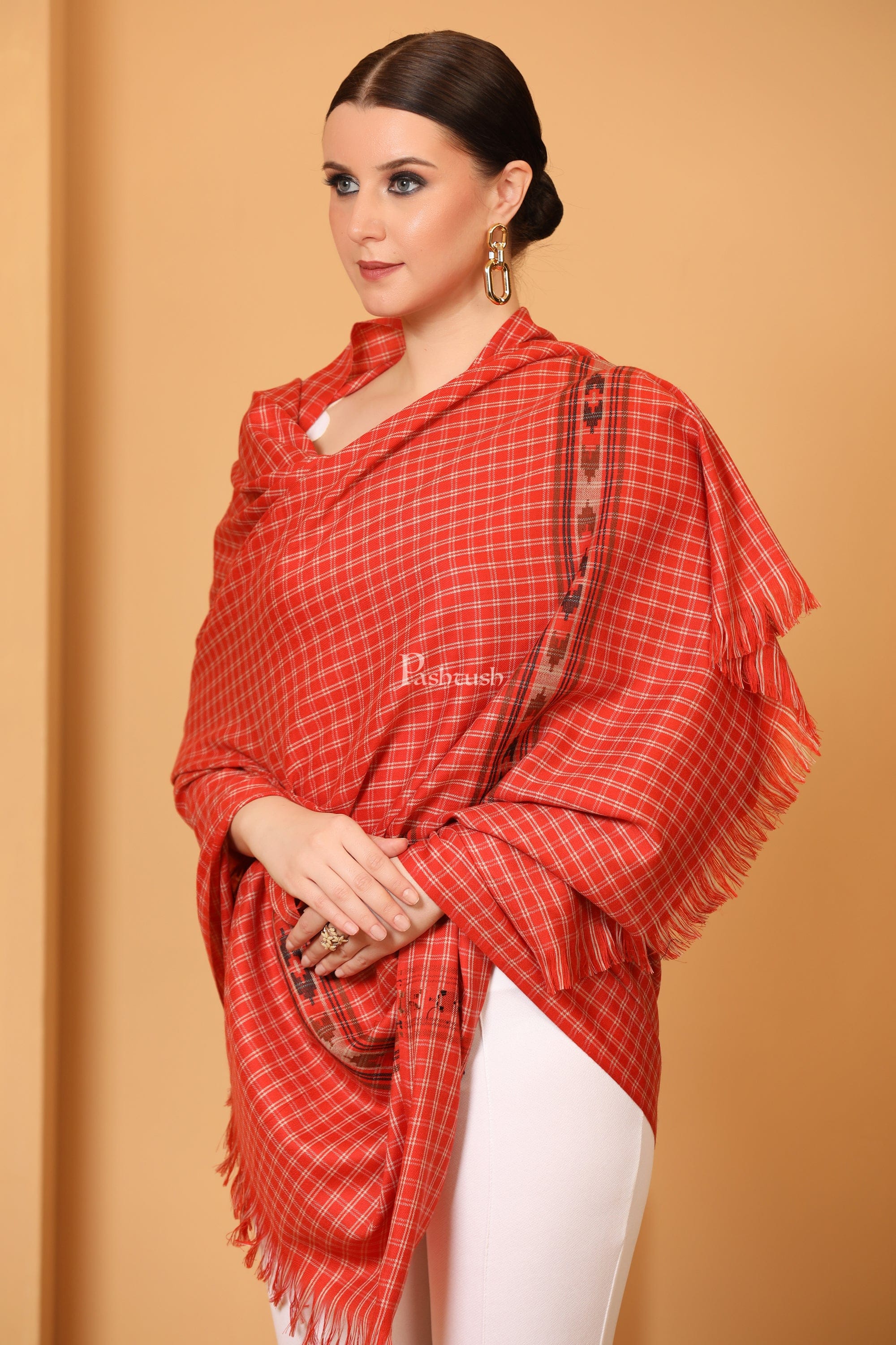 Pashtush Womens Fine Wool Shawl, Aztec Weave, Woven Design, Scarlet Red - Image 6
