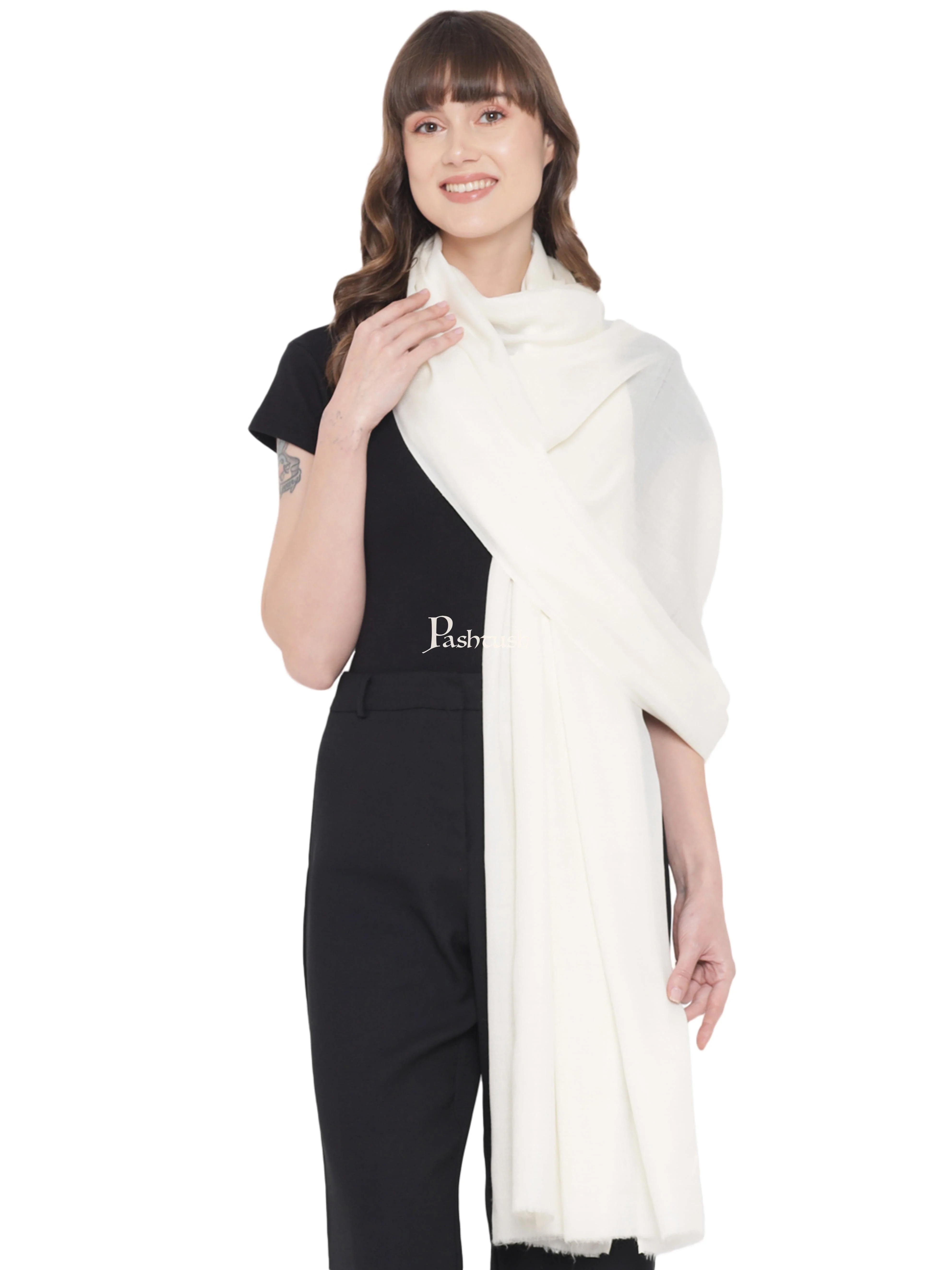 Pashtush Womens Fine Wool Shawl, Basics, Extra Soft Warm Light Weight, Solid Ivory - Image 5