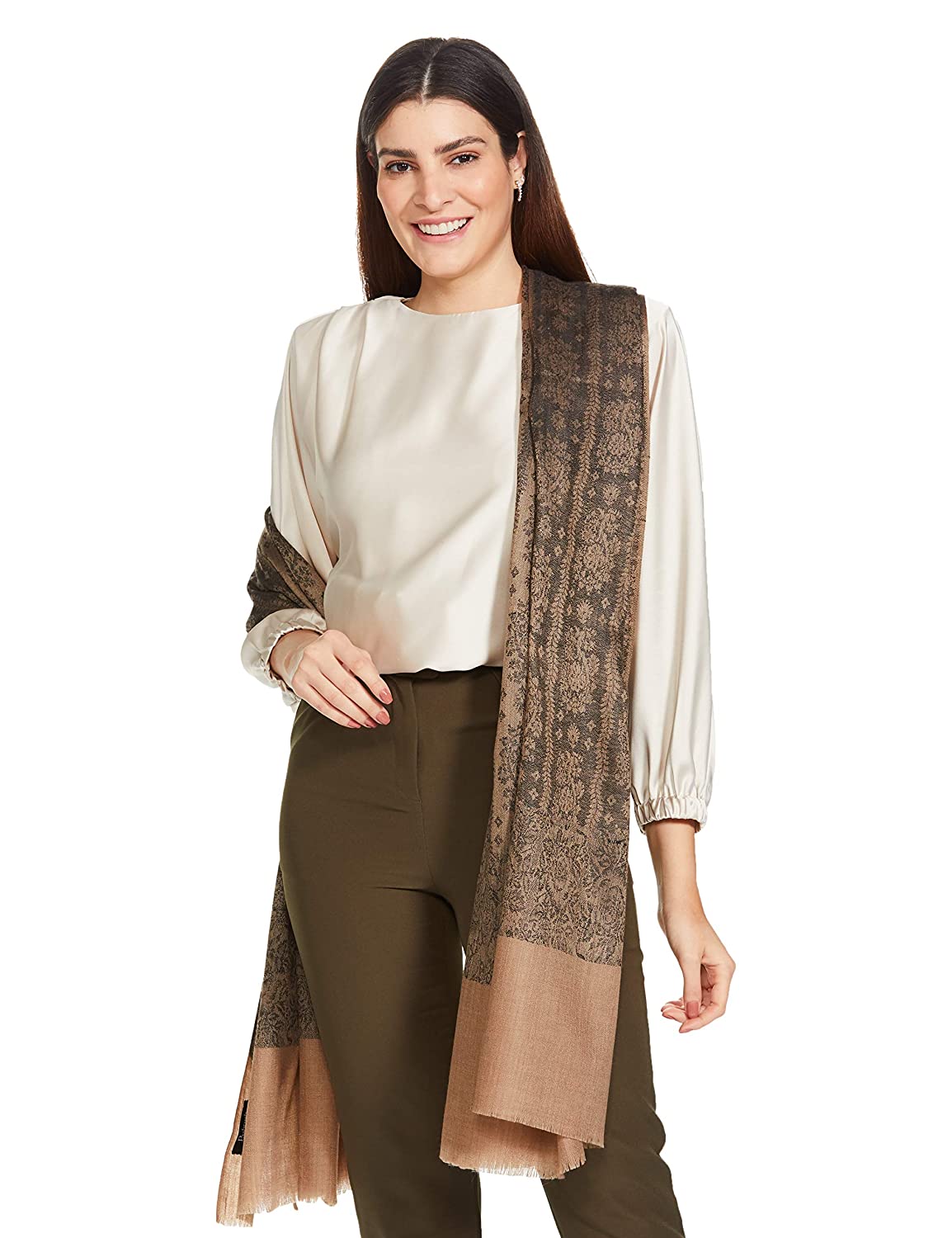 Pashtush Womens Fine Wool Shawl, Black And Beige - Image 2