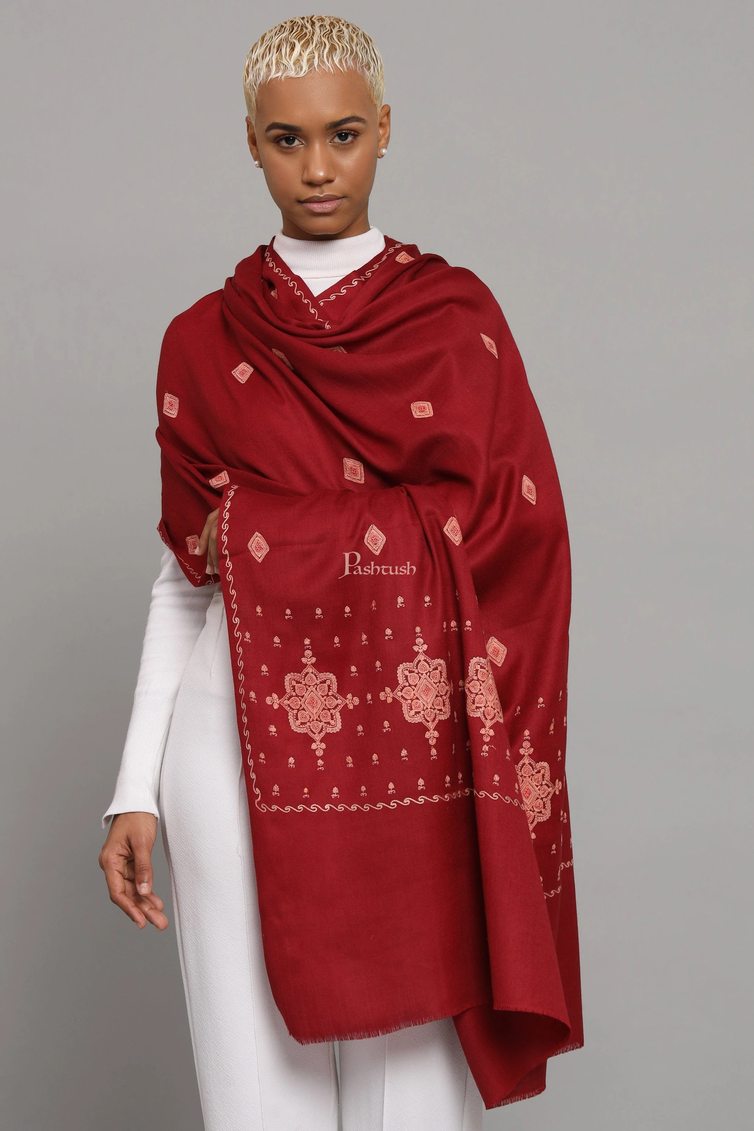 Pashtush Womens Fine Wool Shawl, Booti Embroidery  Design, Maroon - Image 5