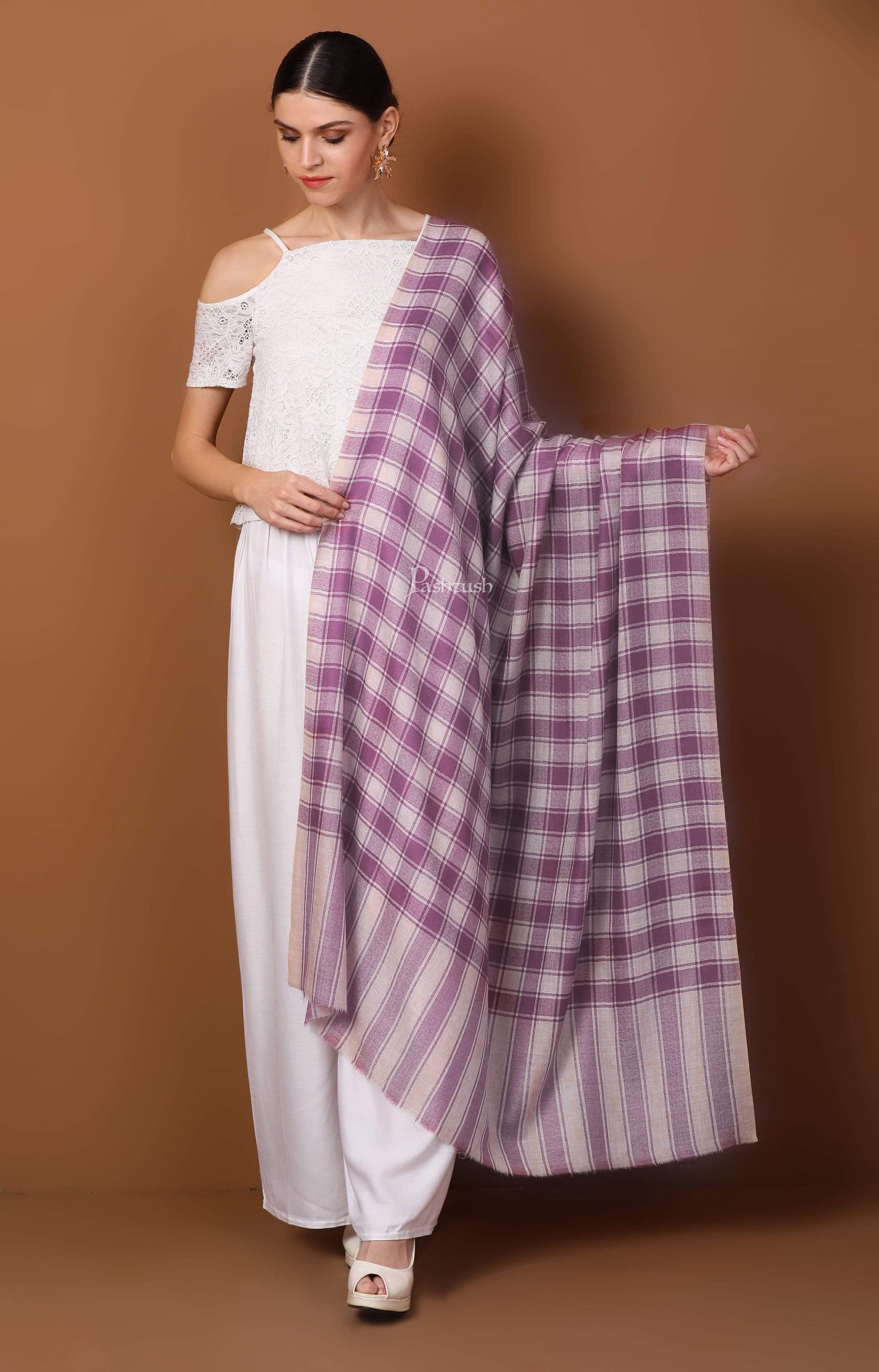 Pashtush Womens Fine Wool Shawl, Checkered Design, Purple - Image 3