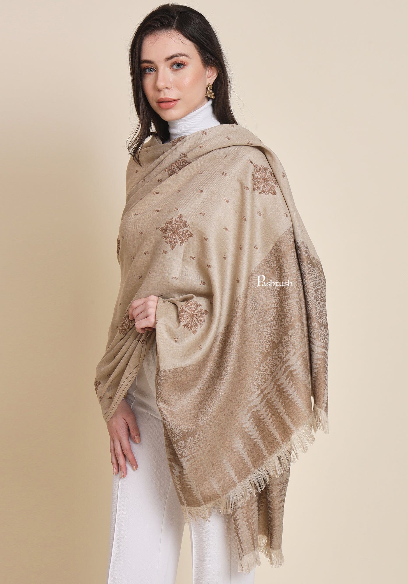 Pashtush Womens Fine Wool Shawl,  Design, Beige - Image 5