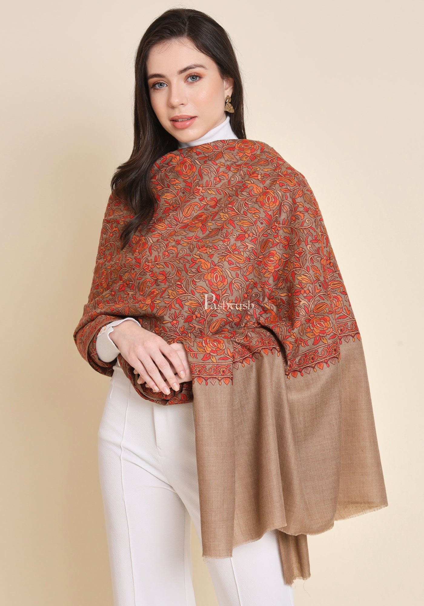 Pashtush Womens Fine Wool Shawl, Embroidery Jaal Design, Taupe - Image 4