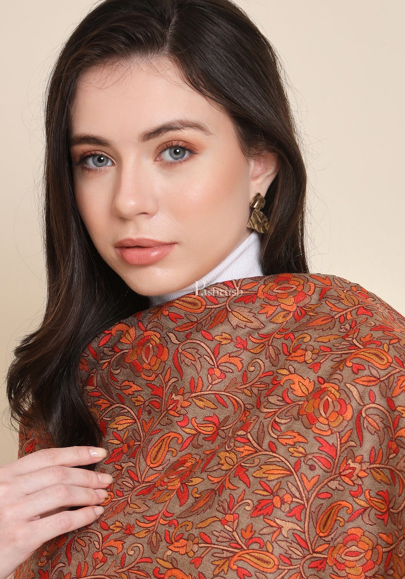 Pashtush Womens Fine Wool Shawl, Embroidery Jaal Design, Taupe - Image 5