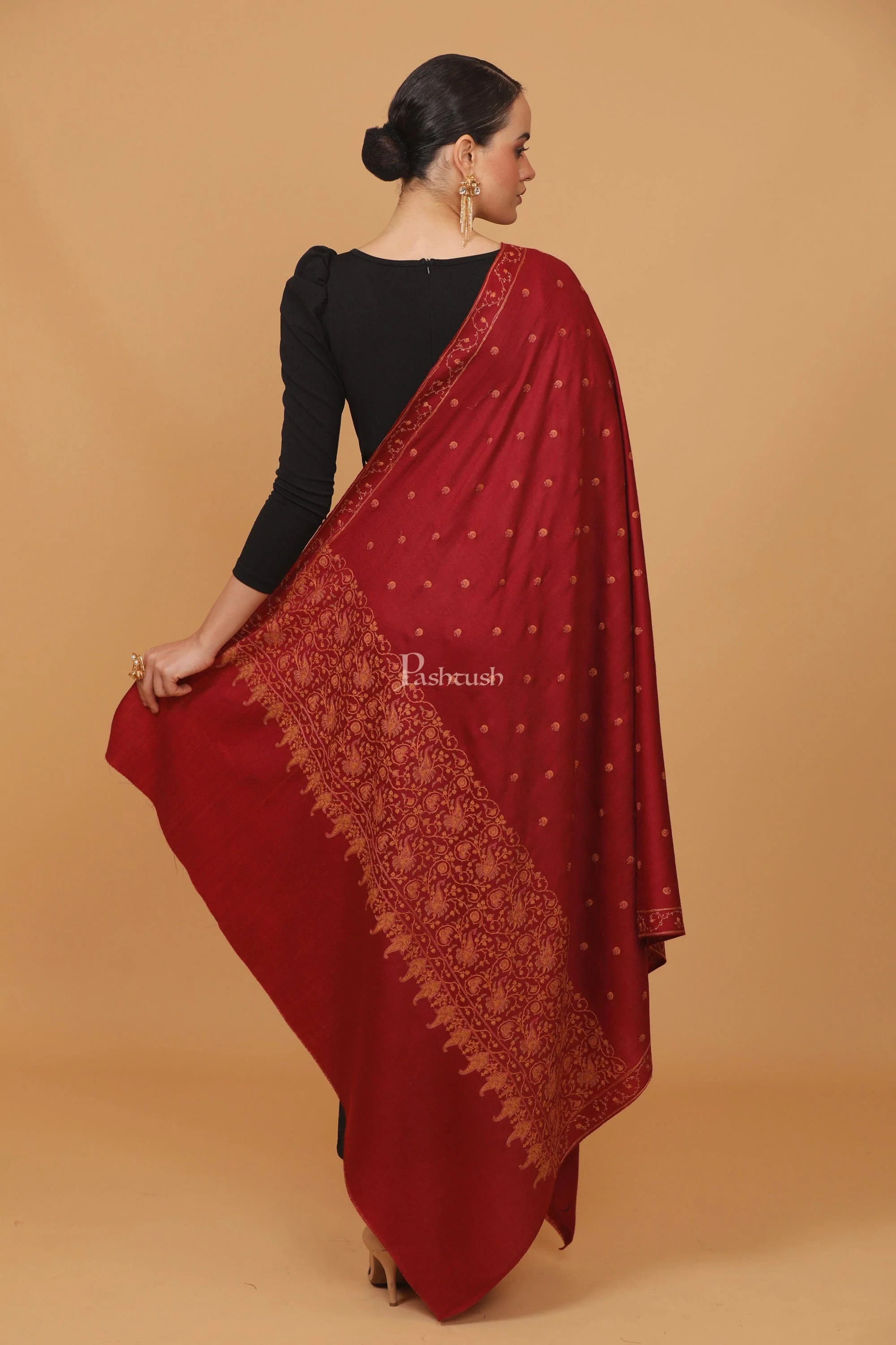Pashtush womens Fine Wool shawl, embroidery shawl Paisley jaal palla design, Maroon - Image 5