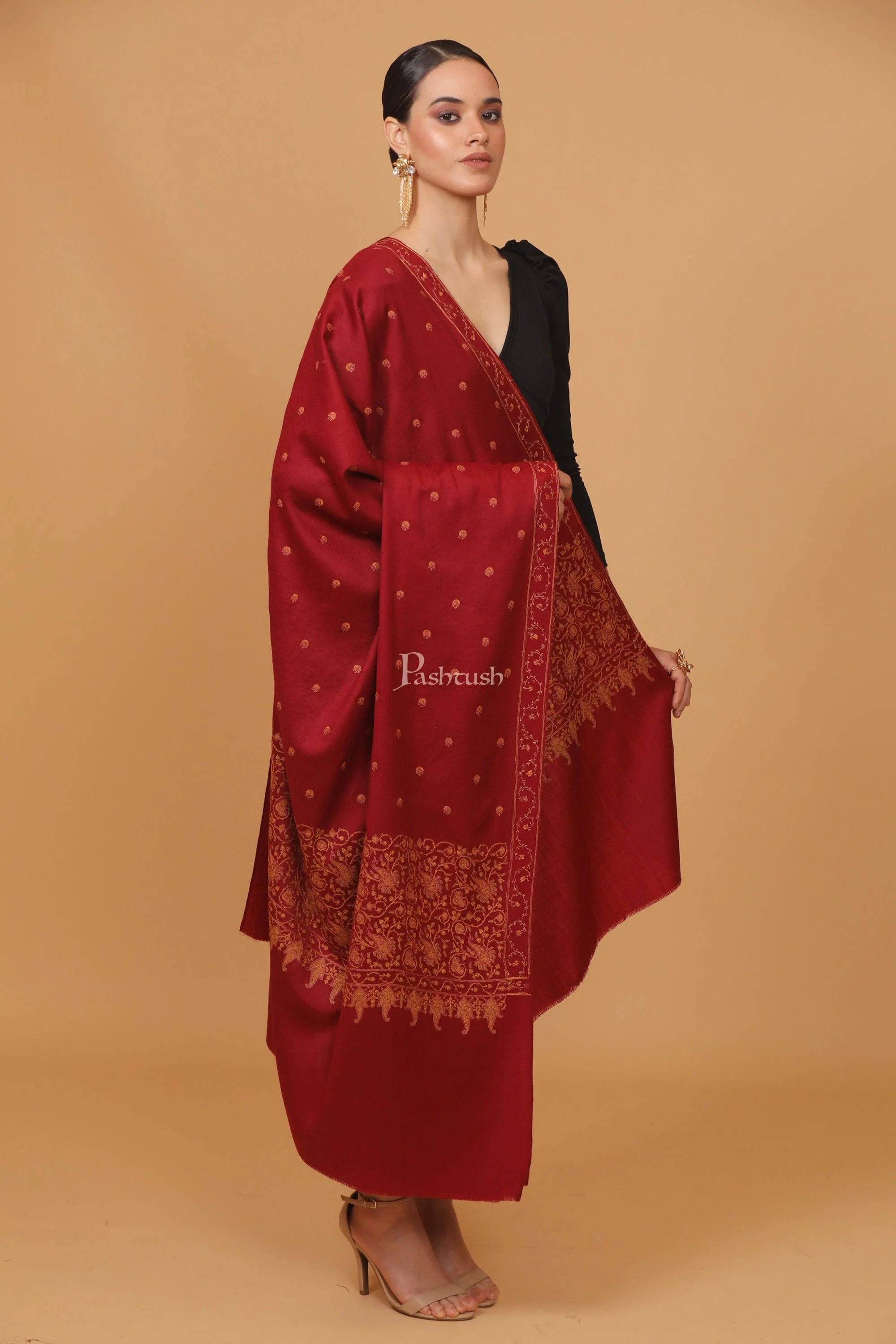 Pashtush womens Fine Wool shawl, embroidery shawl Paisley jaal palla design, Maroon - Image 6