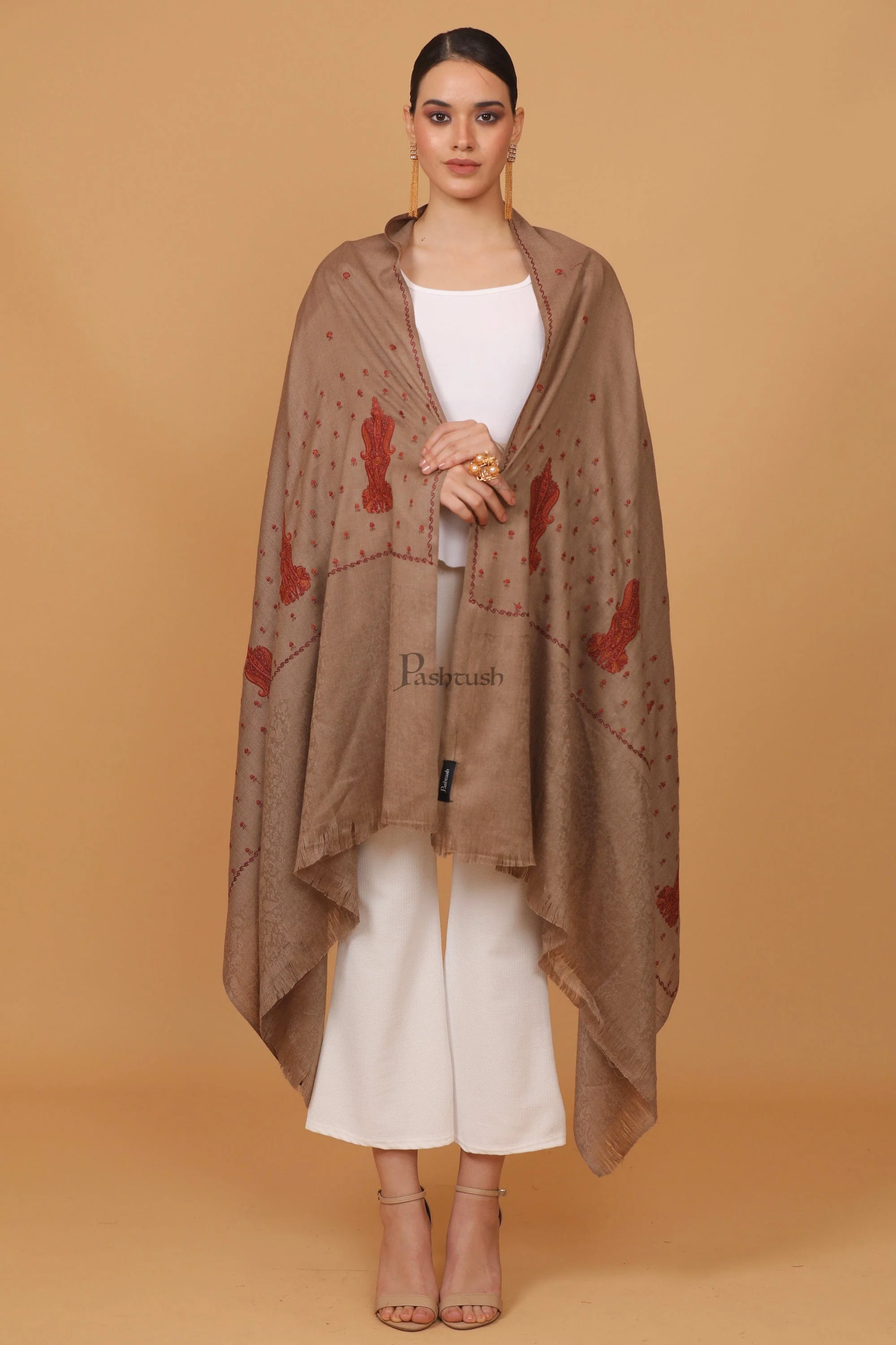 Pashtush womens Fine Wool shawl, embroidery shawl Paisley self palla design, Taupe - Image 4