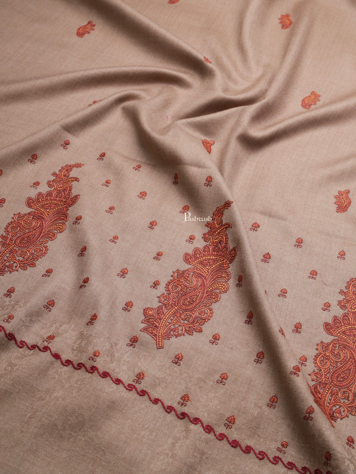 Pashtush womens Fine Wool shawl, embroidery shawl Paisley self palla design, Taupe - Image 2