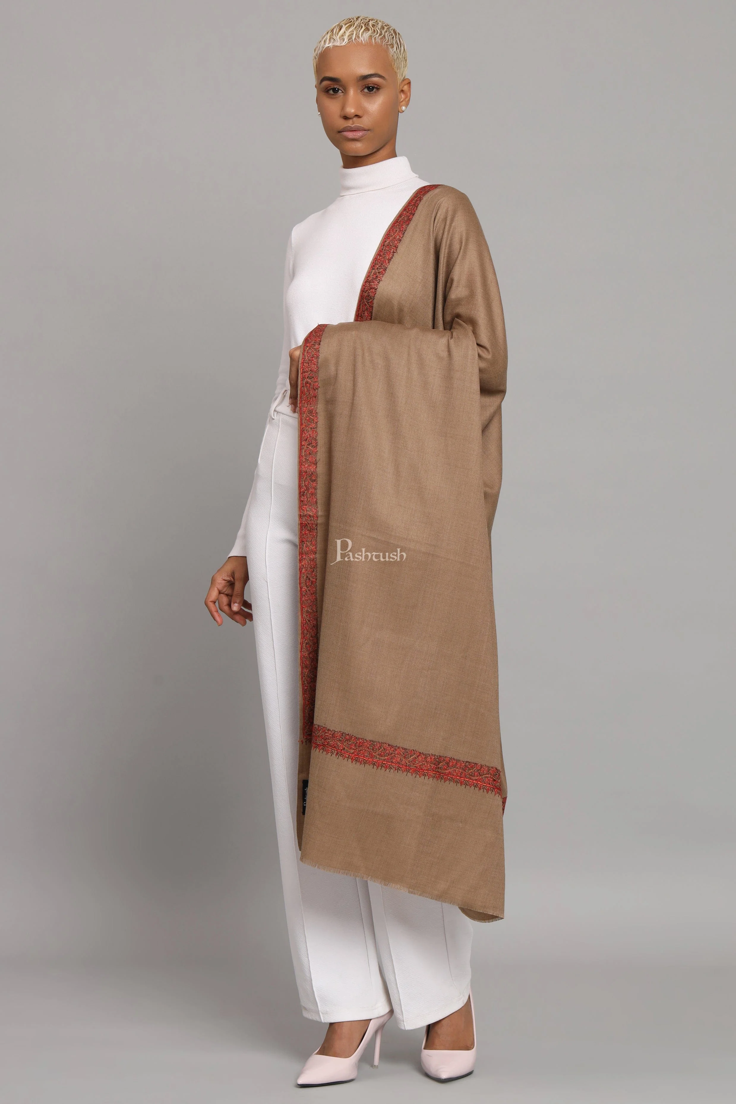 Pashtush Womens Fine Wool Shawl, Hand Embroidered Neemdaur Design, Taupe - Image 3