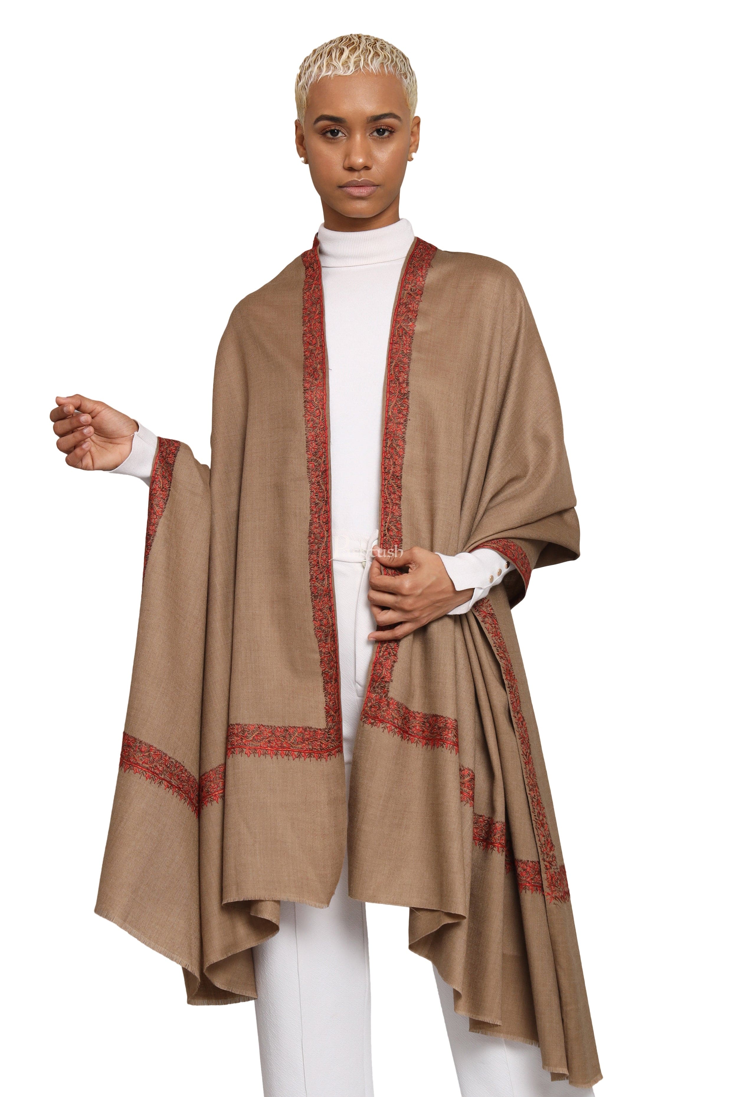 Pashtush Womens Fine Wool Shawl, Hand Embroidered Neemdaur Design, Taupe - Image 5
