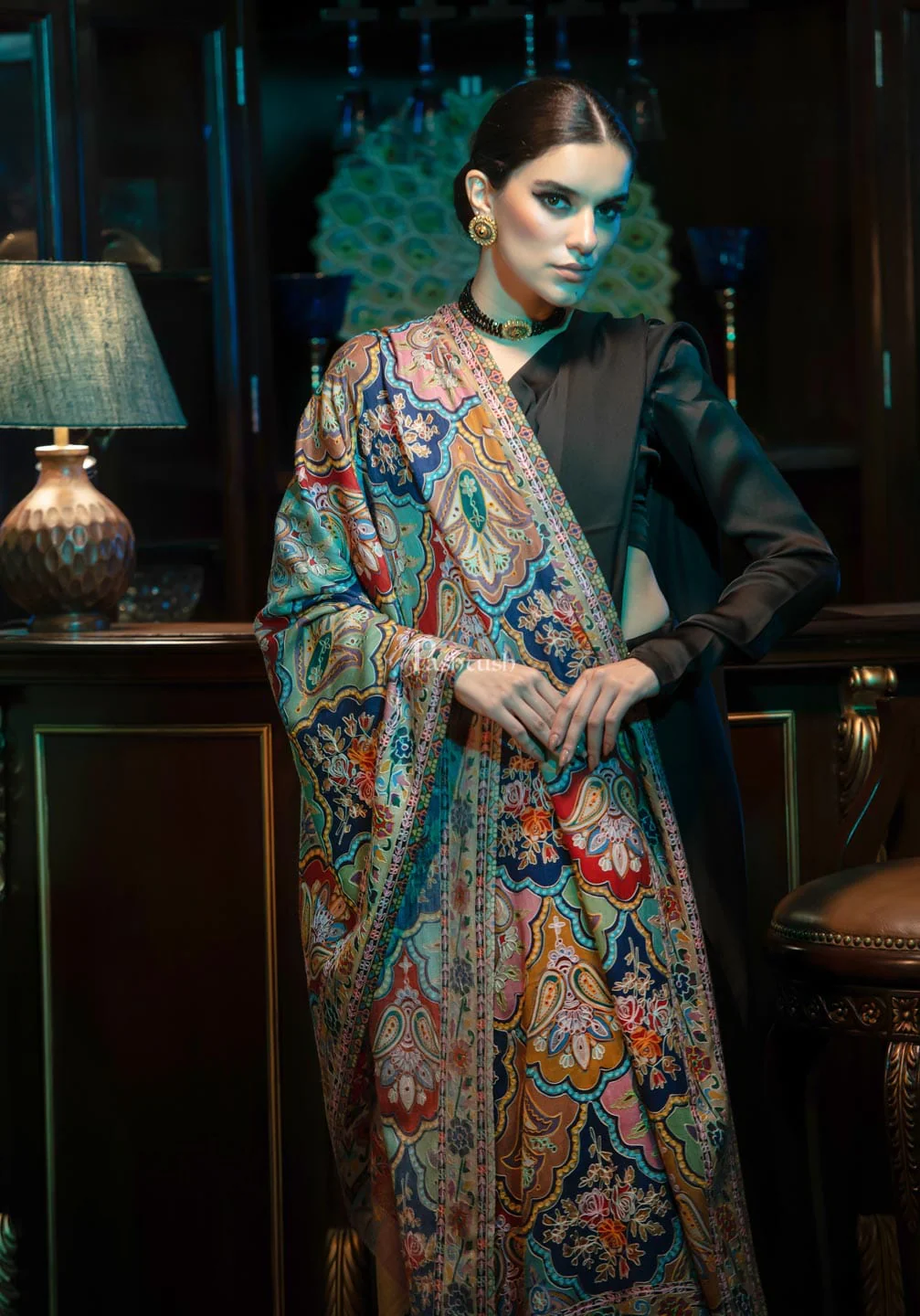 Pashtush womens Fine Wool shawl, Kalamkari design, Multicolour - Image 5
