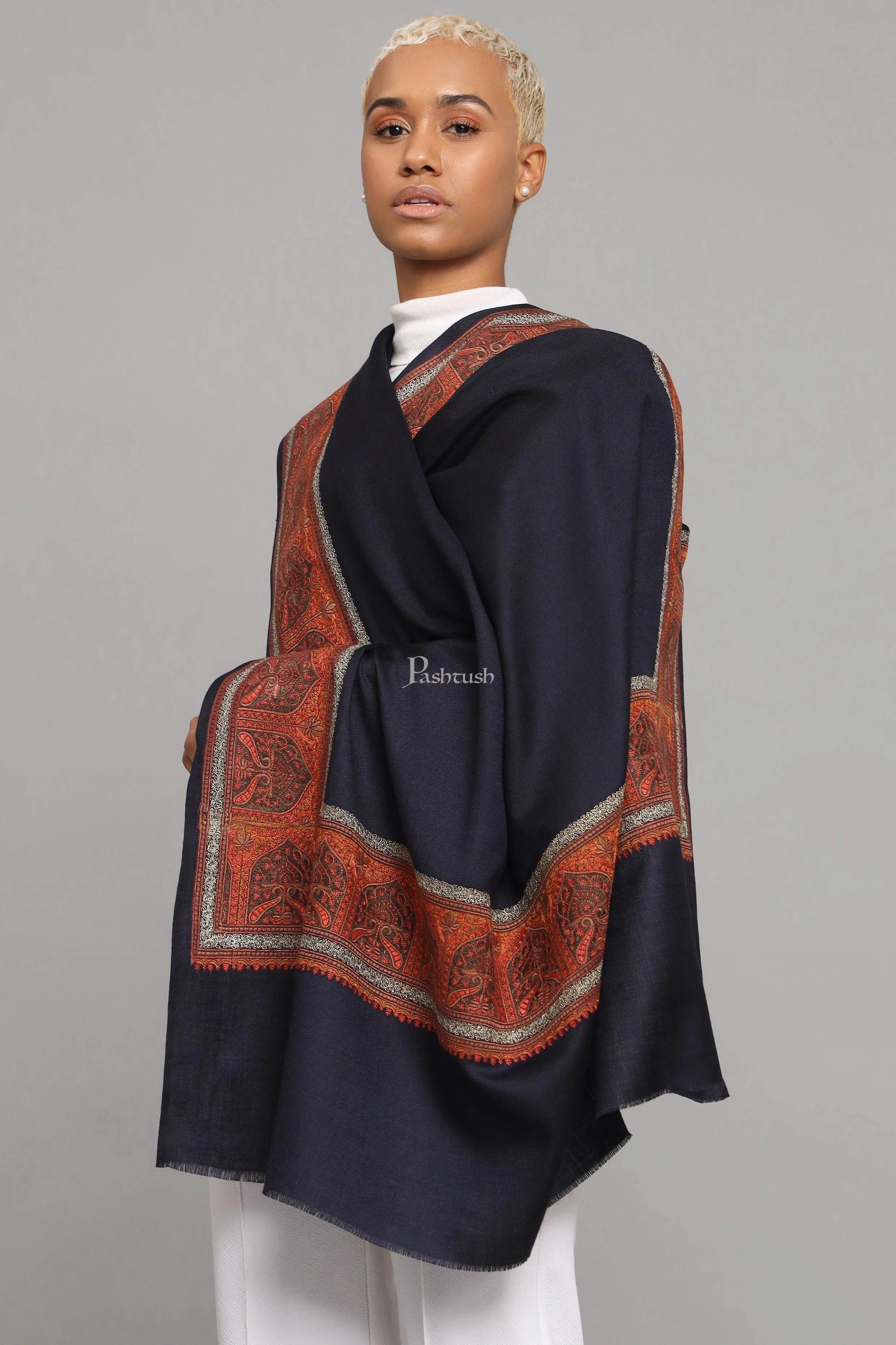 Pashtush Womens Fine Wool Shawl, Kashmiri Embroidery, Challa Daur With Metallic Border Design, Navy Blue - Image 5