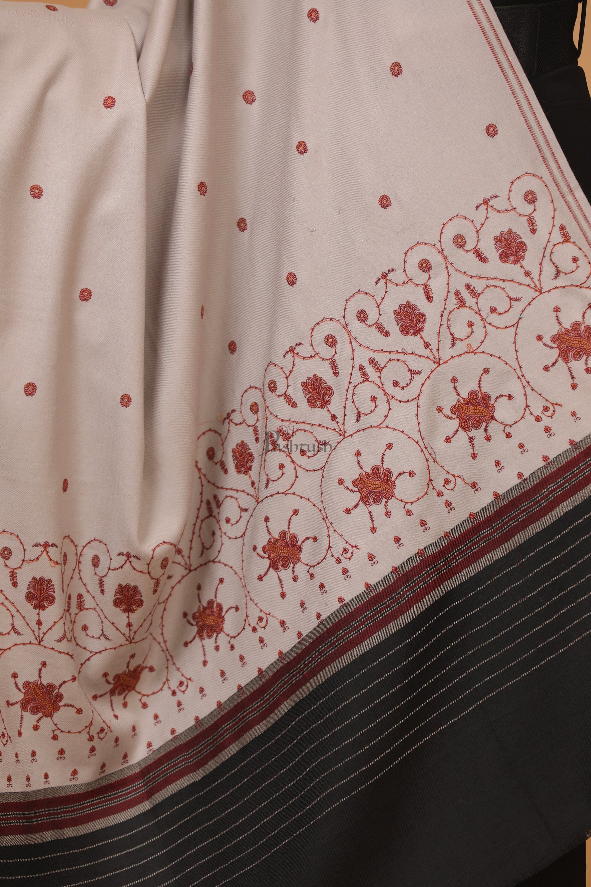 Pashtush womens Fine Wool shawl, kashmiri embroidery design, Dark Grey - Image 8