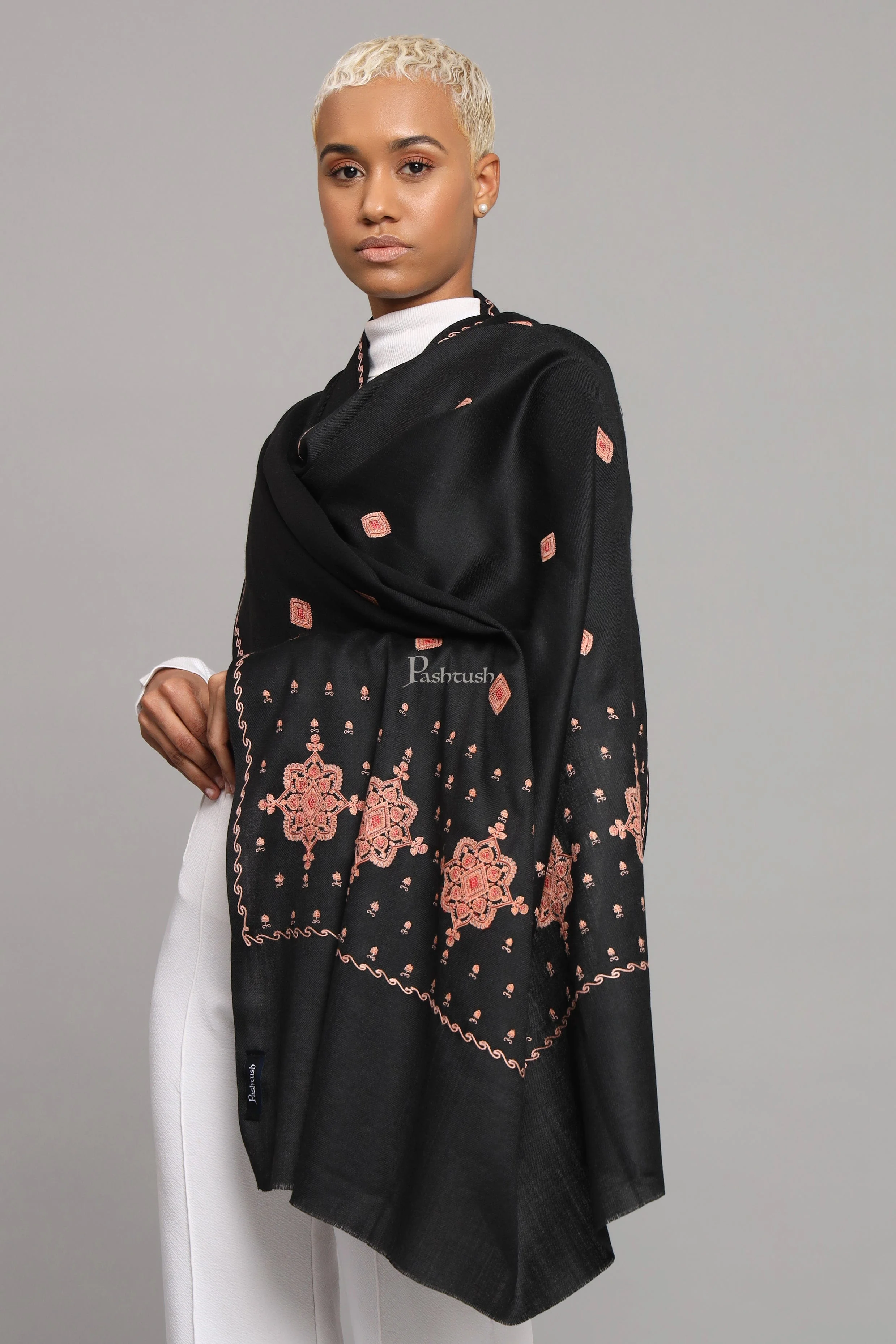 Pashtush Womens Fine Wool Shawl, Kashmiri Embroidery Palla Design, Black - Image 5
