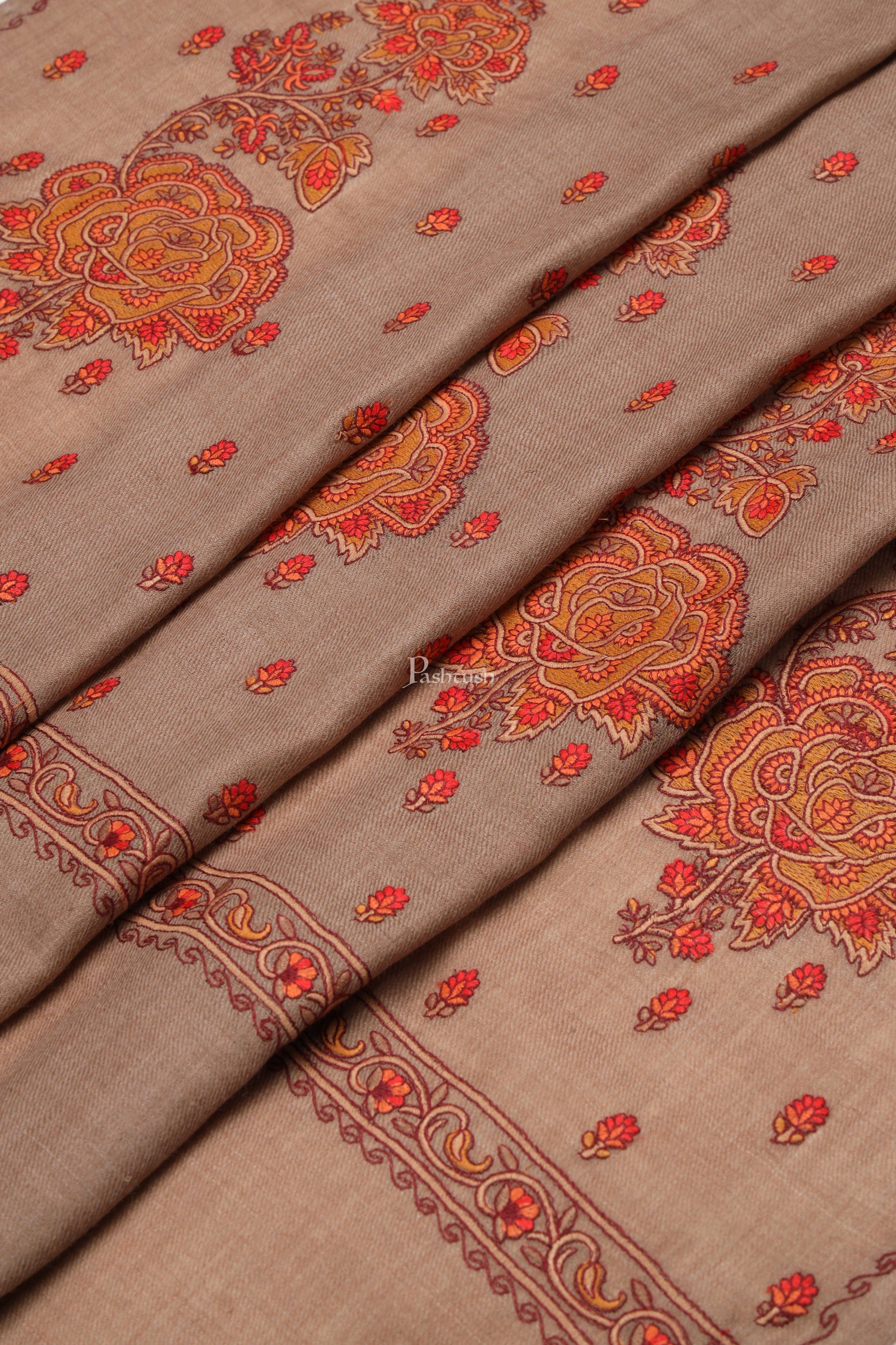 Pashtush Womens Fine Wool Shawl, Kashmiri Embroidery Palla Design, Taupe - Image 3