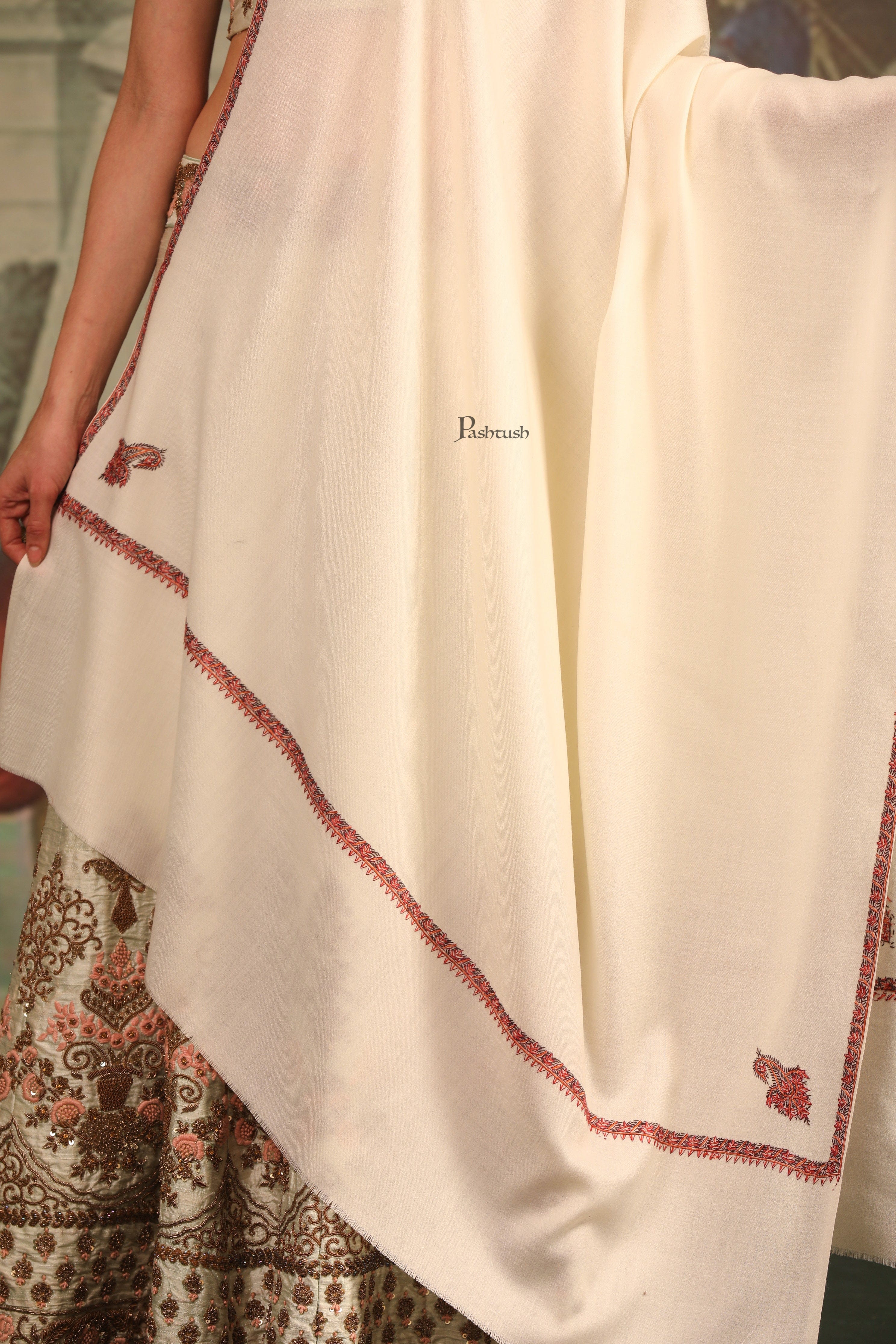 Pashtush Womens Fine Wool Shawl, Kashmiri Hand Embroidered Kingri Design, Ivory - Image 2