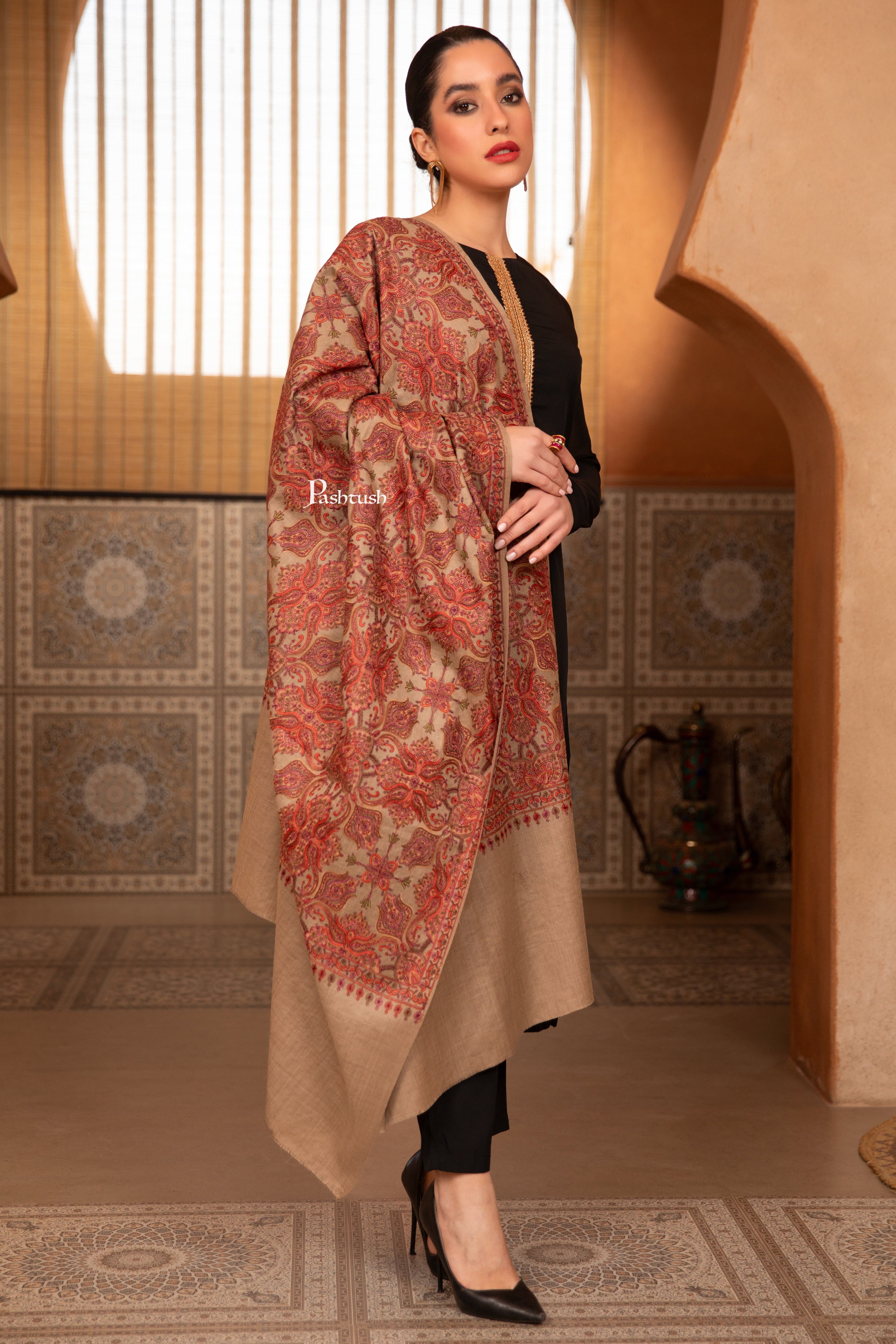 Pashtush Womens Fine Wool Shawl, Multi Heavy Jaal Design, Taupe - Image 3