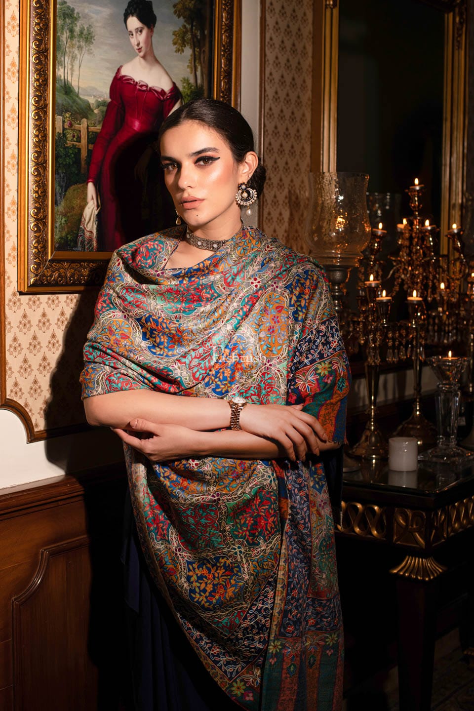 Pashtush womens Fine Wool shawl, nalki embroidery design, Multicolour - Image 3