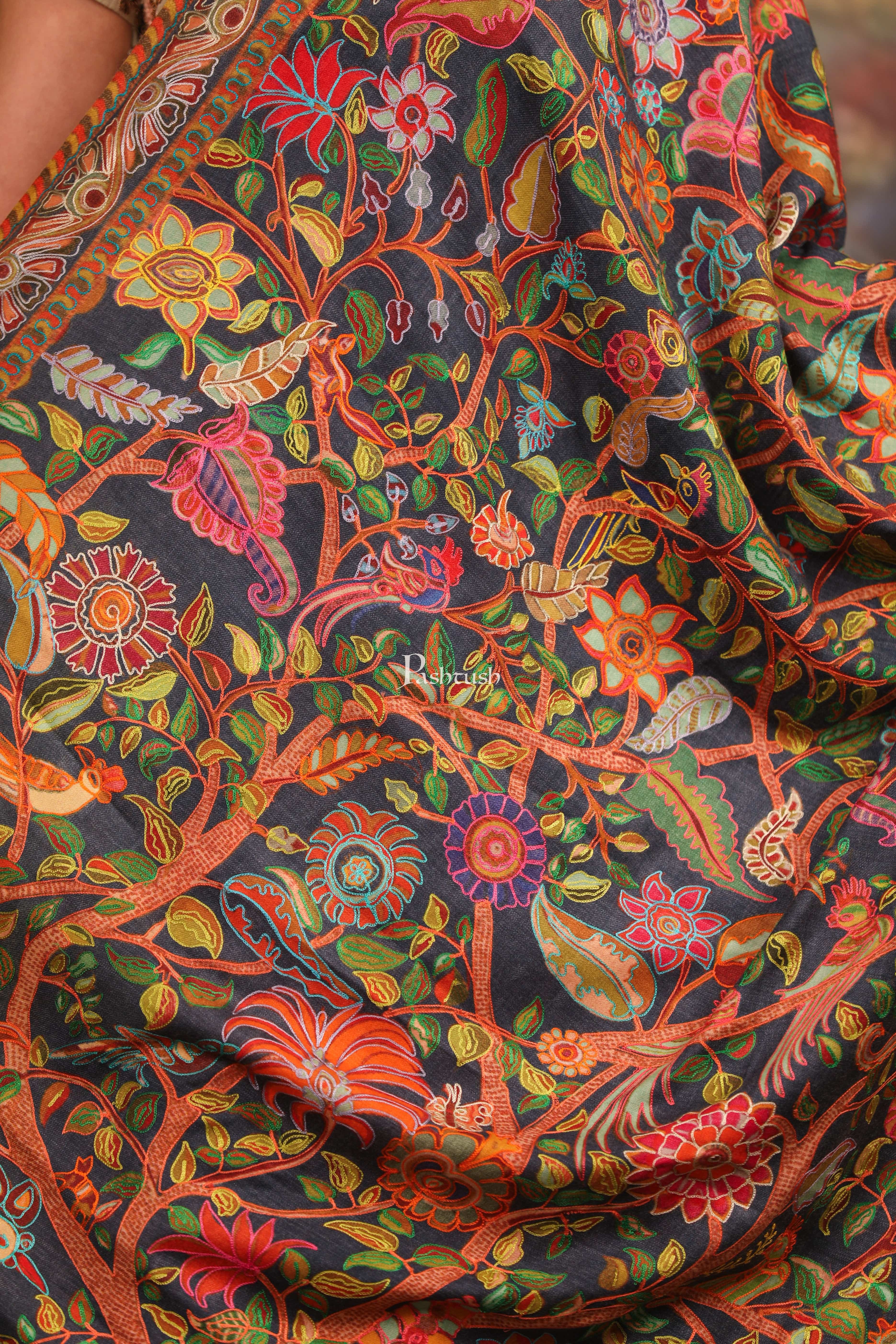 Pashtush Womens Fine Wool Shawl, Nalki Embroidery Peacock Design, Multicolour - Image 2
