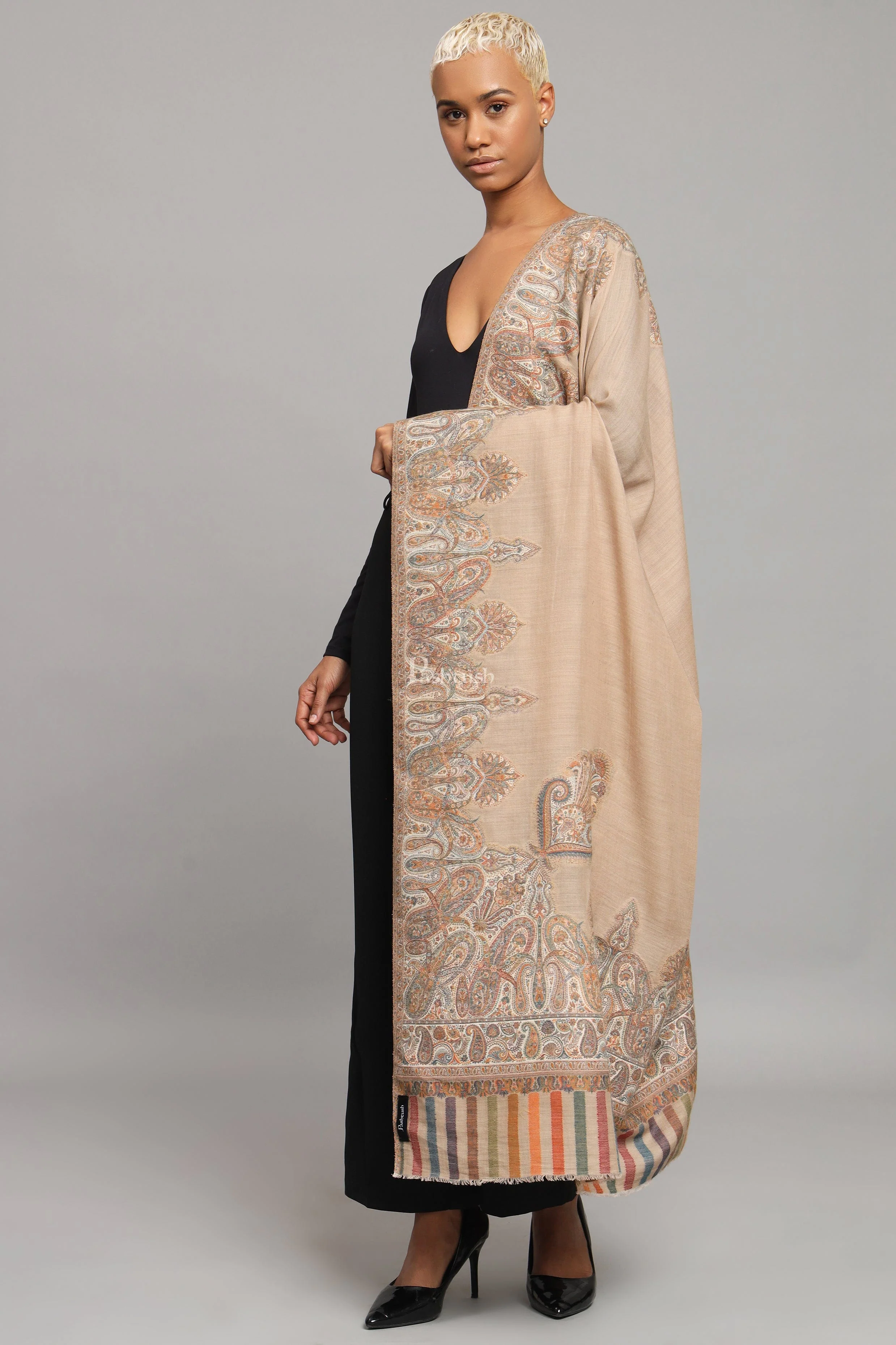 Pashtush Womens Fine Wool Shawl, Paisley And Border Woven Design, Beige - Image 4