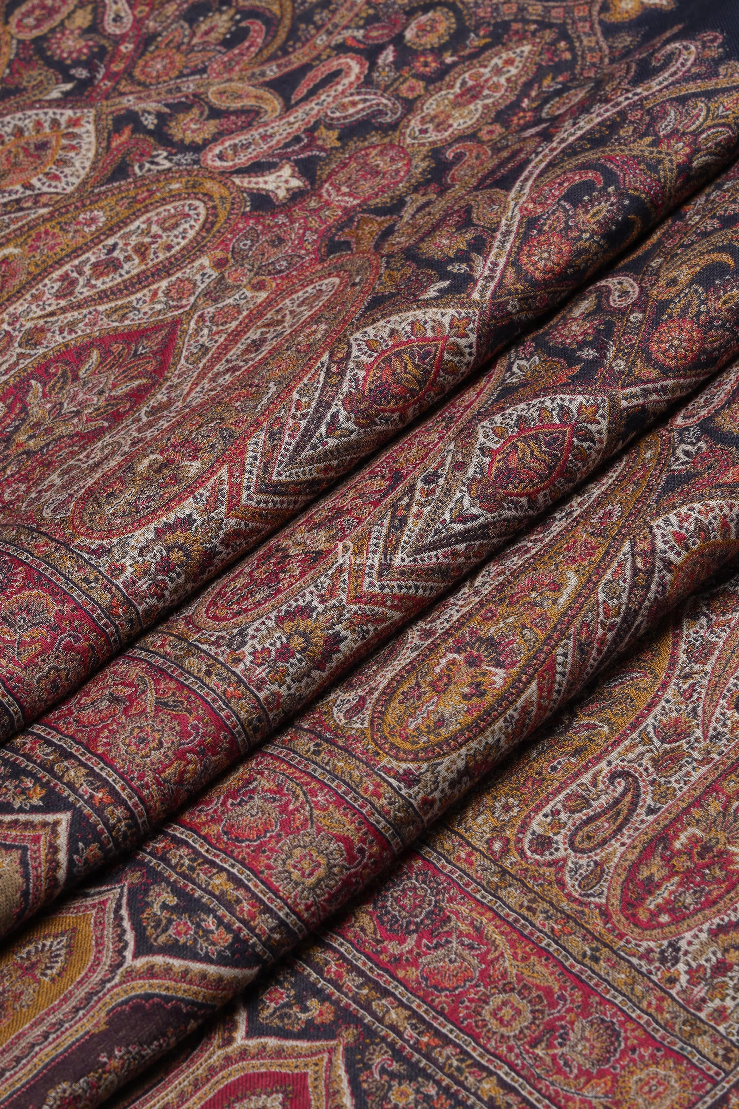 Pashtush Womens Fine Wool Shawl, Paisley And Border Woven Design, Navy Blue - Image 2