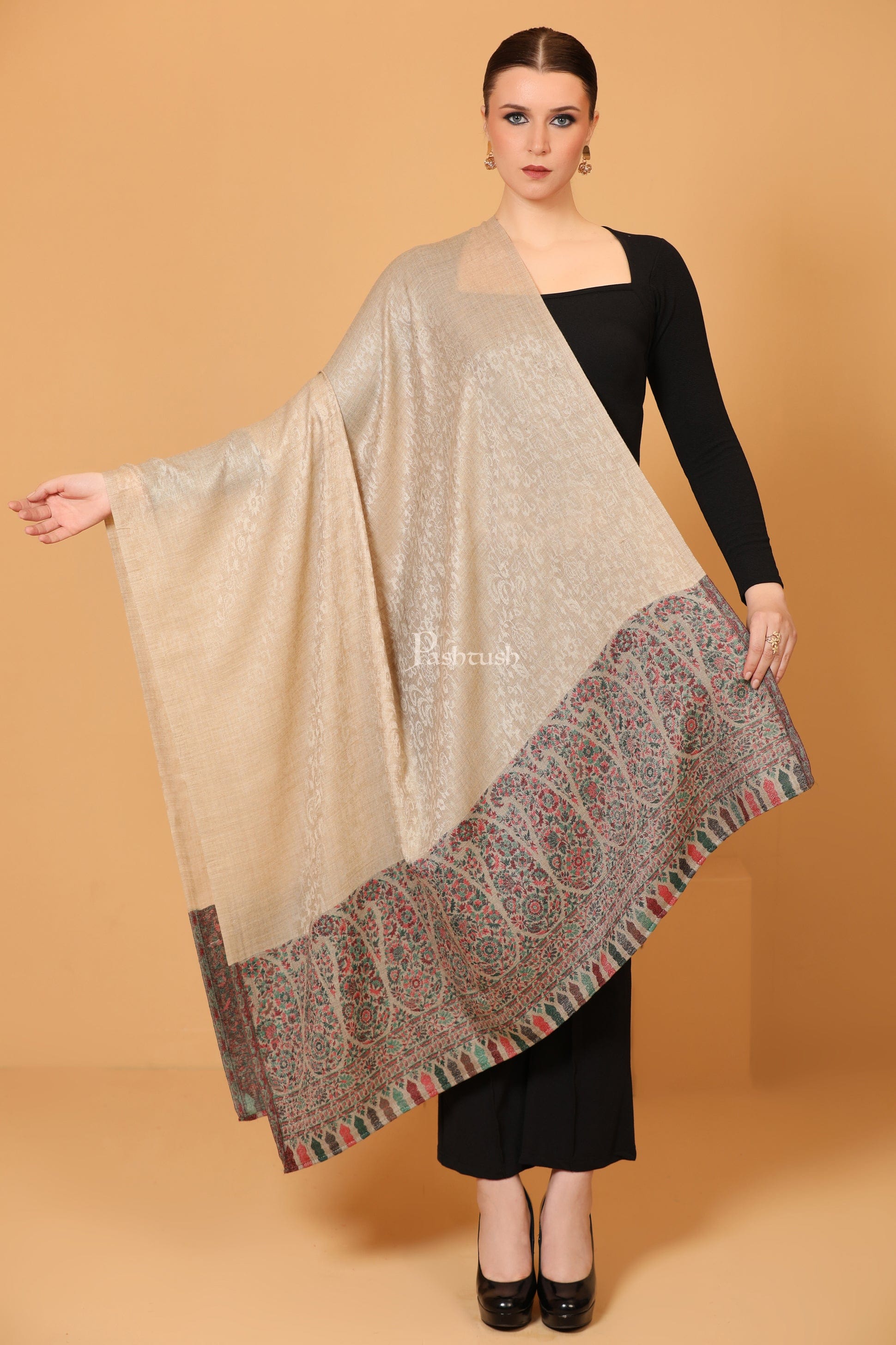 Pashtush Womens Fine Wool Shawl, Paisley Palla, Woven Design, Natural Beige - Image 2
