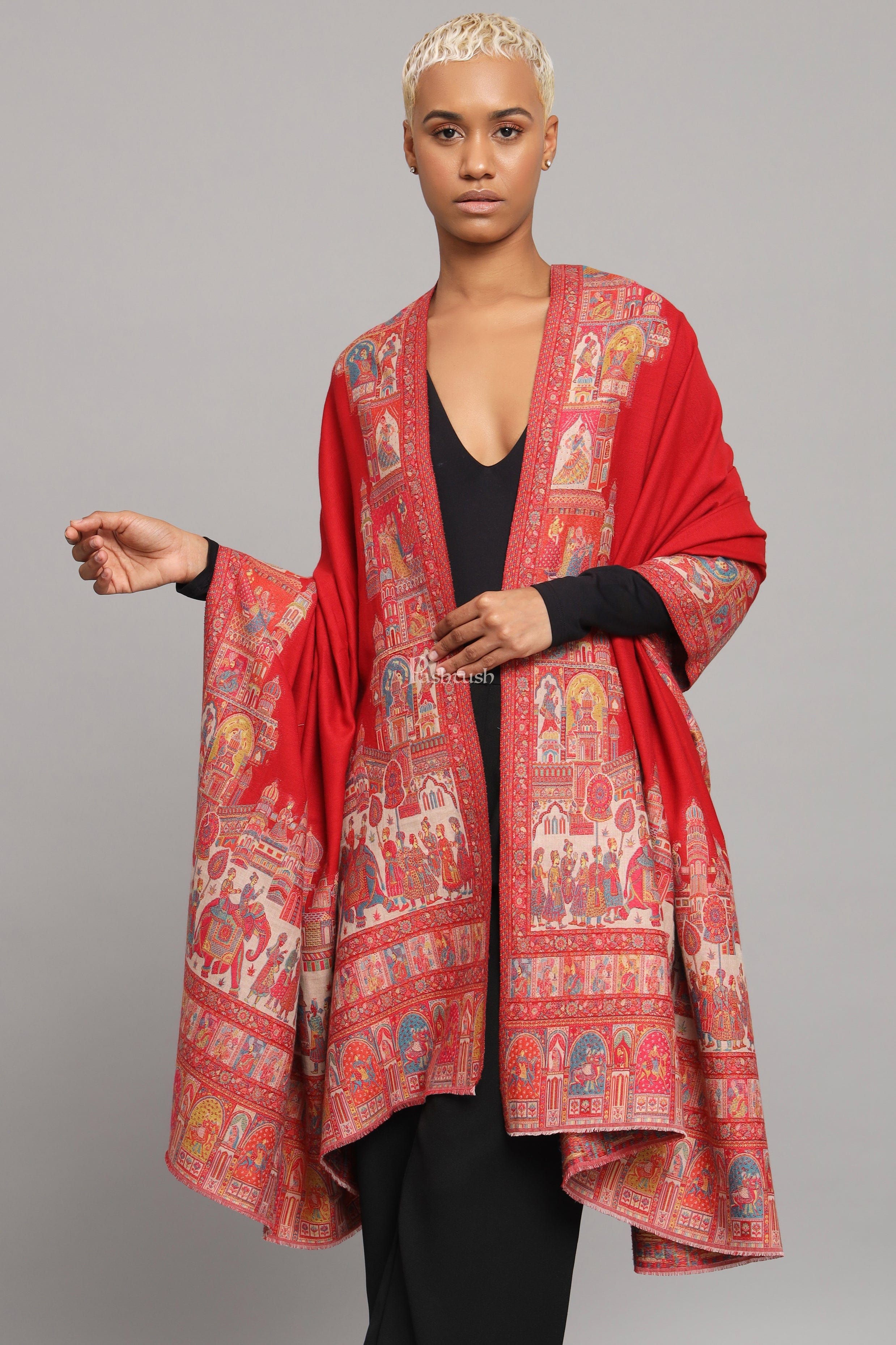 Pashtush Womens Fine Wool Shawl, Royal Darbar Palla, Woven Design, Red And Beige - Image 3