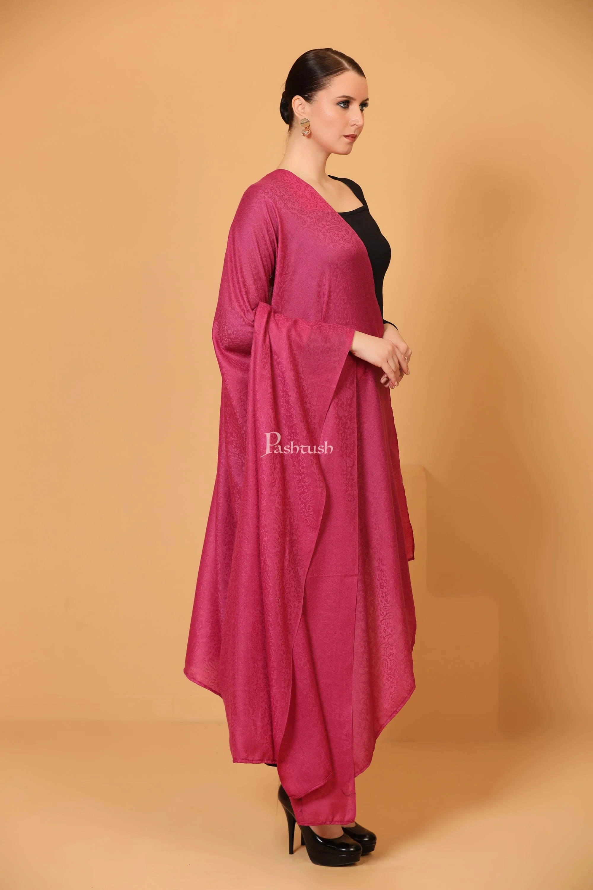 Pashtush Womens Fine Wool Shawl, Self Paisley Weave, Extra Soft, Warm and Light, Hot Pink - Image 3