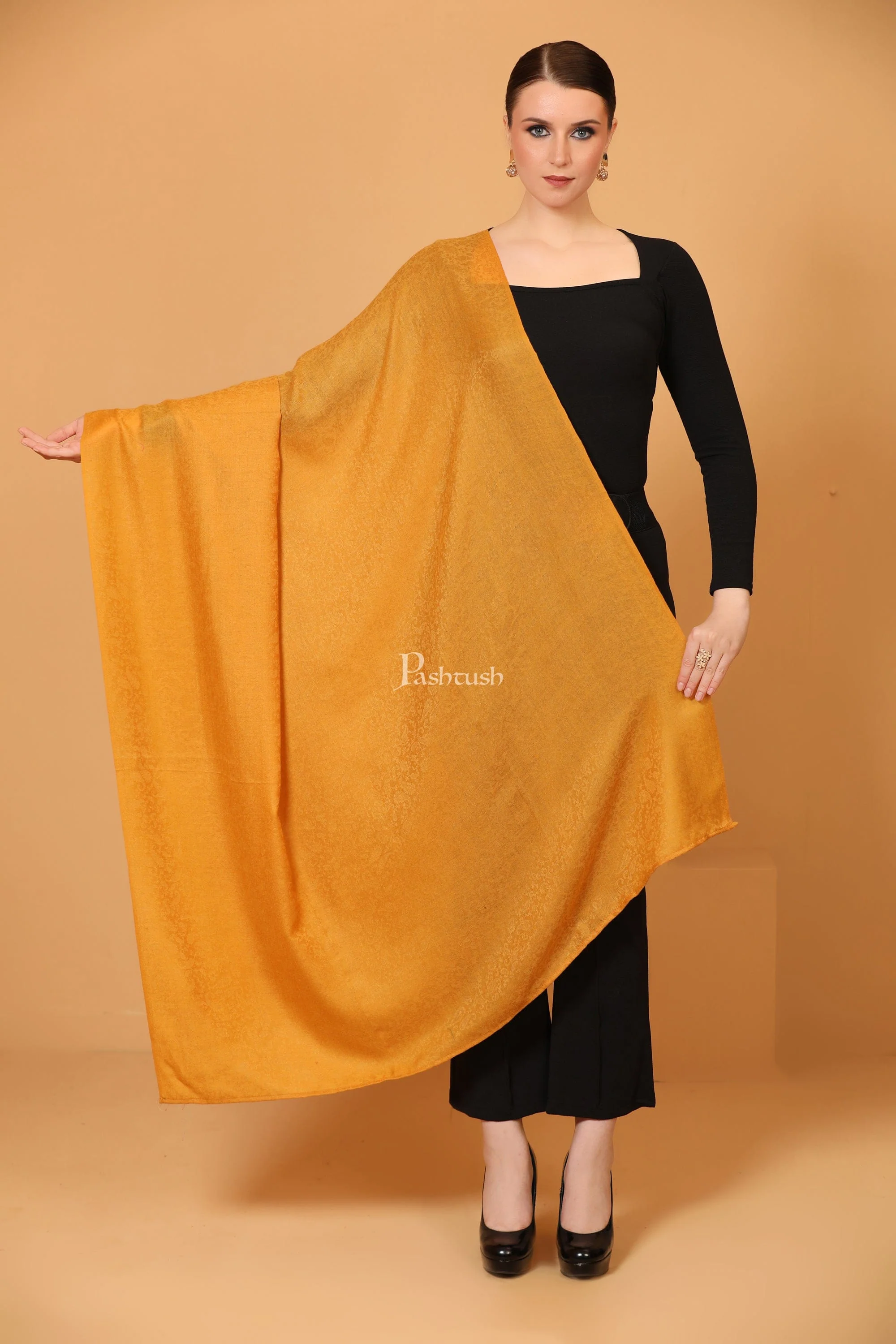 Pashtush Womens Fine Wool Shawl, Self Paisley Weave, Extra Soft, Warm and Light, Mustard - Image 5