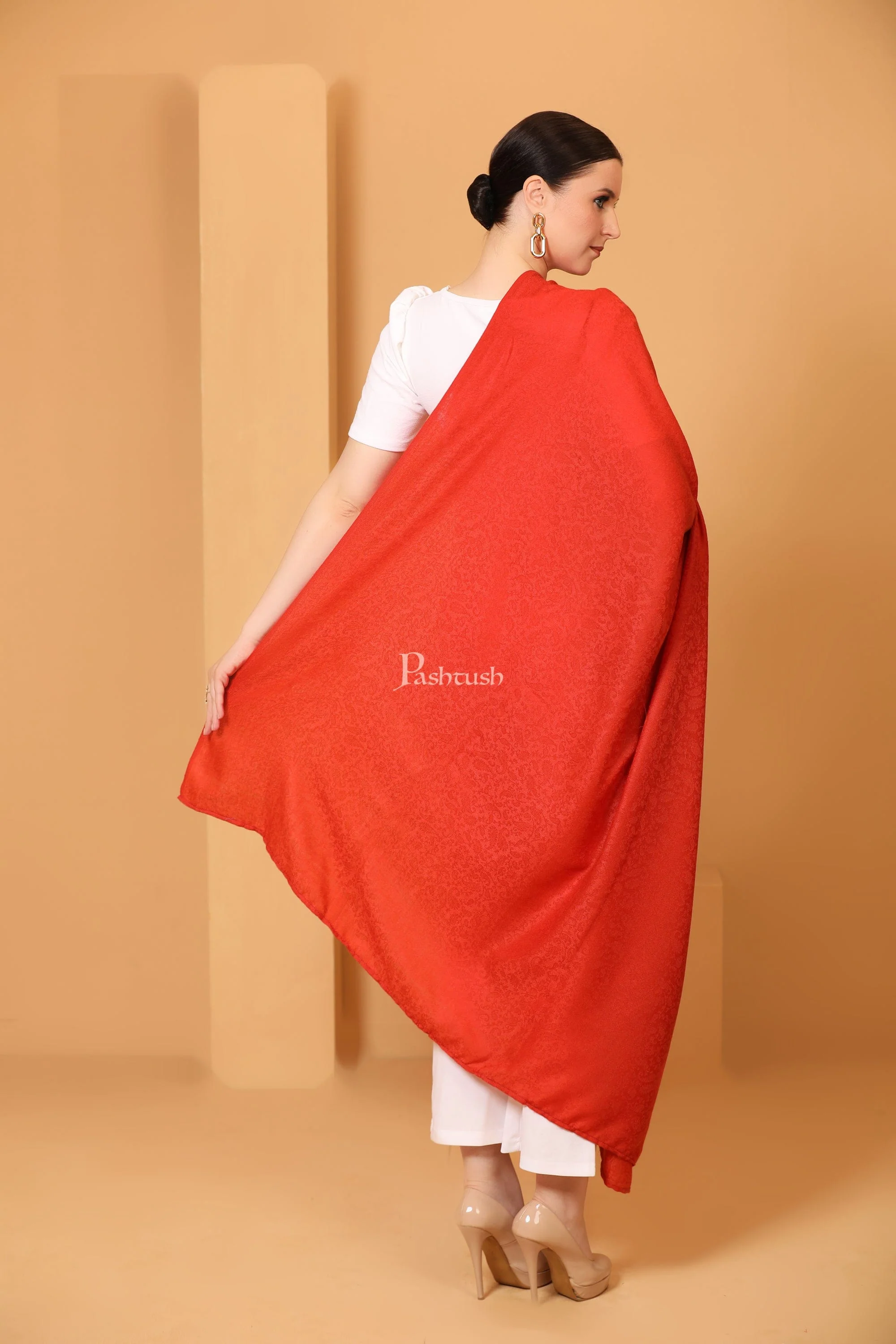 Pashtush Womens Fine Wool Shawl, Self Paisley Weave, Extra Soft, Warm and Light Weight, Scarlet - Image 4