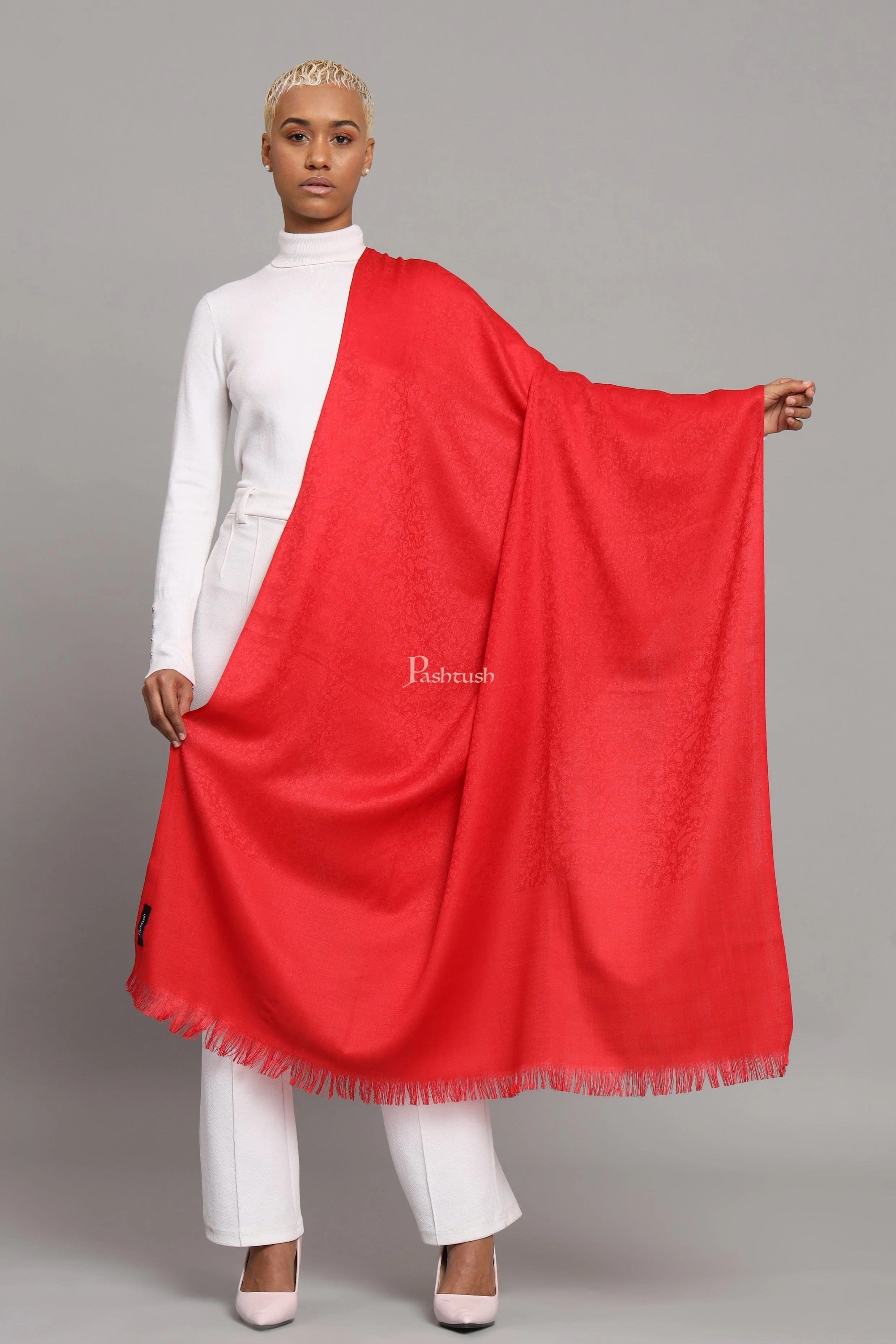 Pashtush Womens Fine Wool Shawl, Self Paisley Woven Design Design, Scarlet Red - Image 4