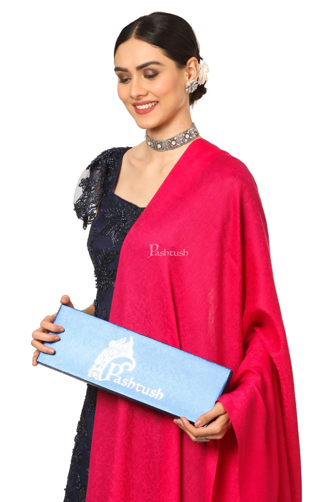Pashtush Women'S Fine Wool Shawl, Soft And Warm, Aztec Design, Jacquard Weave - Pink - Image 3