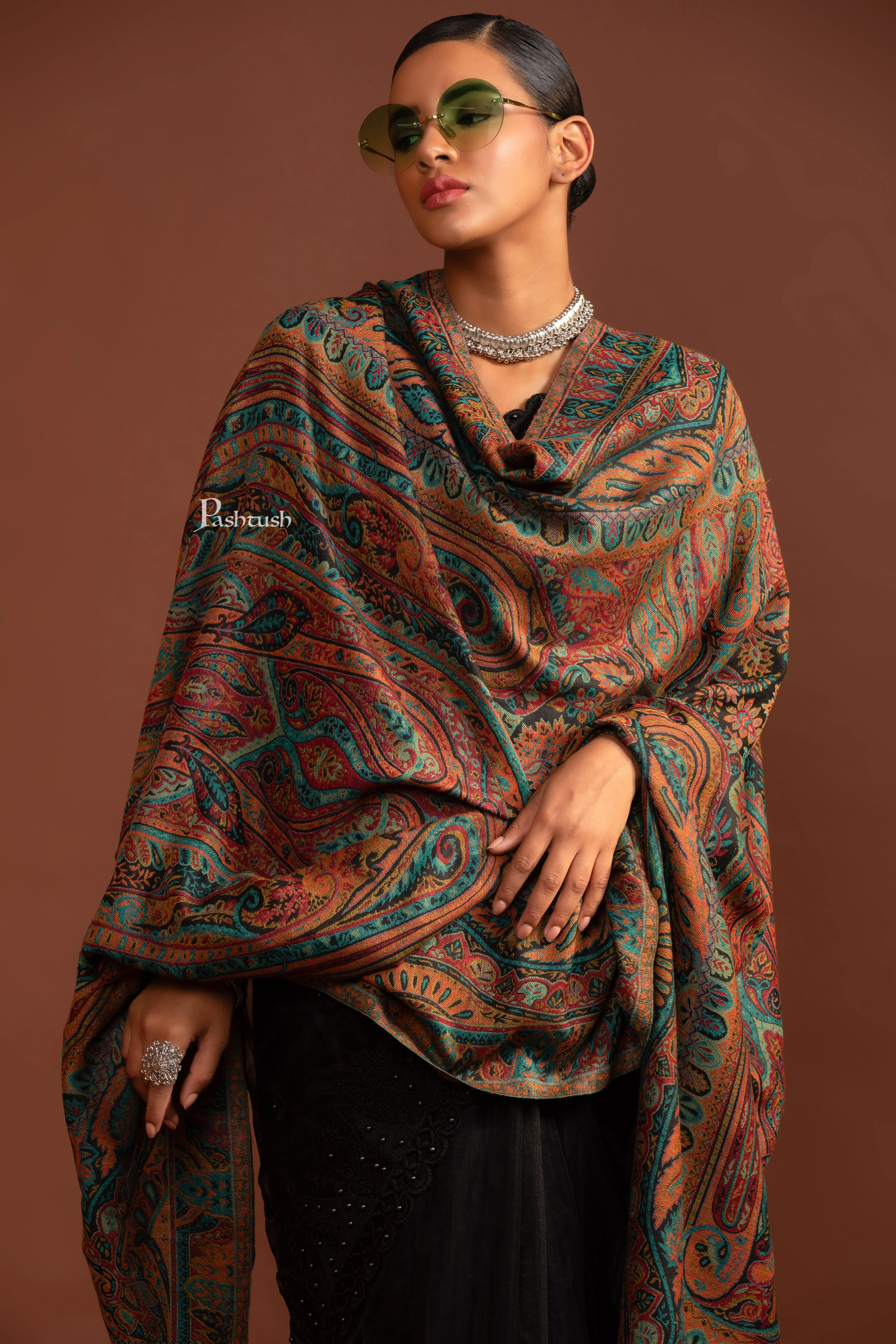 Pashtush Womens Fine Wool Shawl, Soft and Warm, Light Weight, Ethnic Weave, Black - Image 3