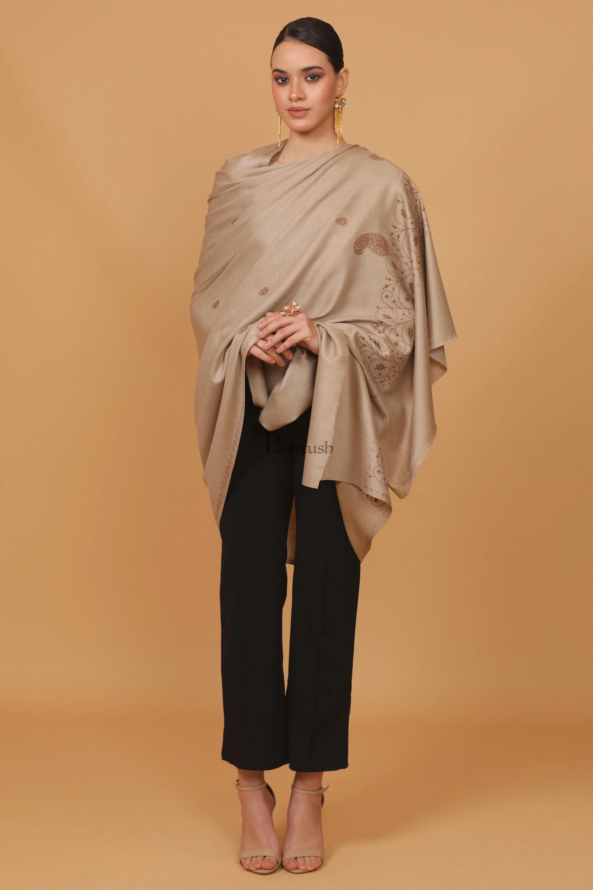 Pashtush womens Fine Wool shawl, tone and tone embroidery palla design, Beige - Image 2
