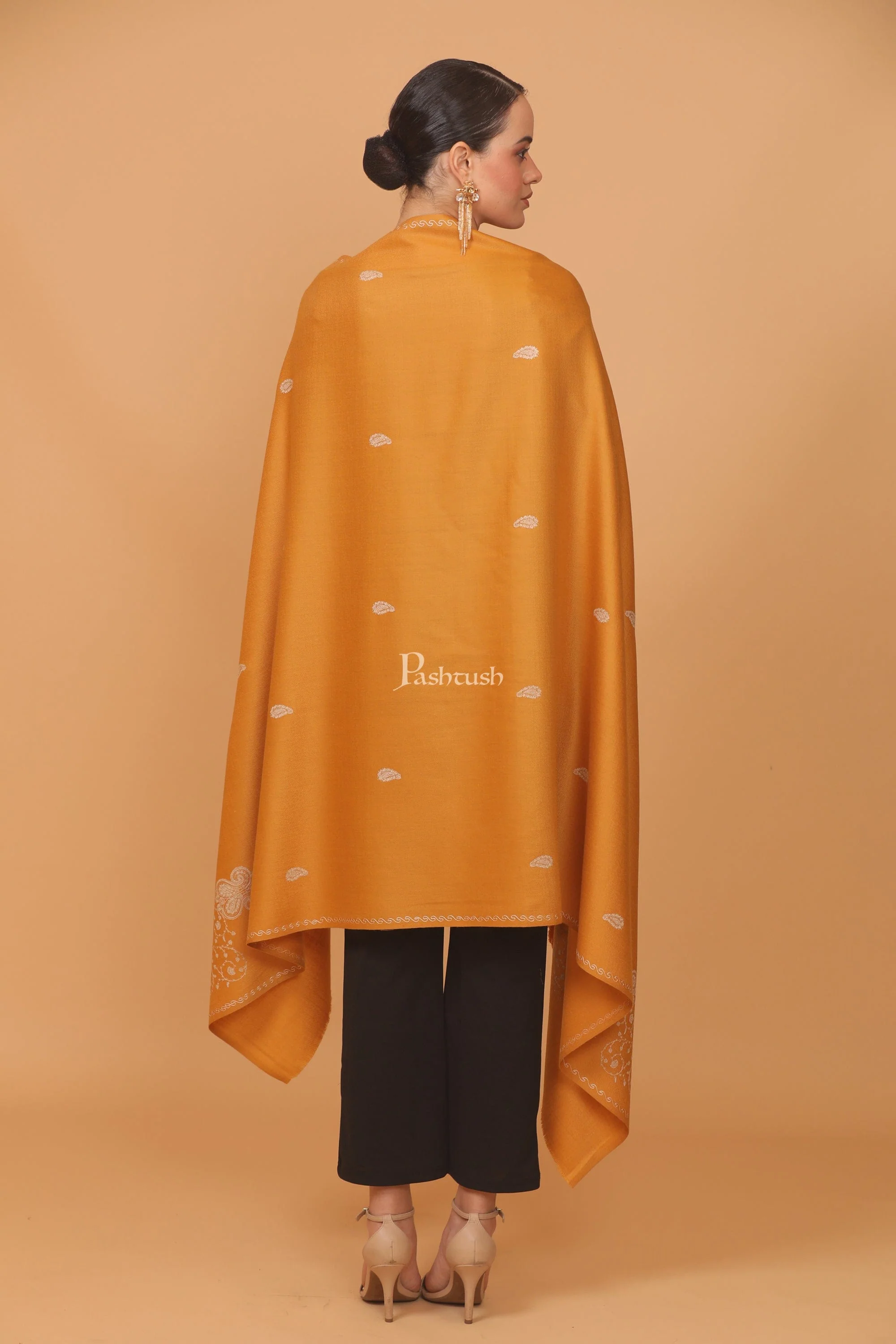 Pashtush womens Fine Wool shawl, tone and tone palla embroidery paisley design, Mustard - Image 5