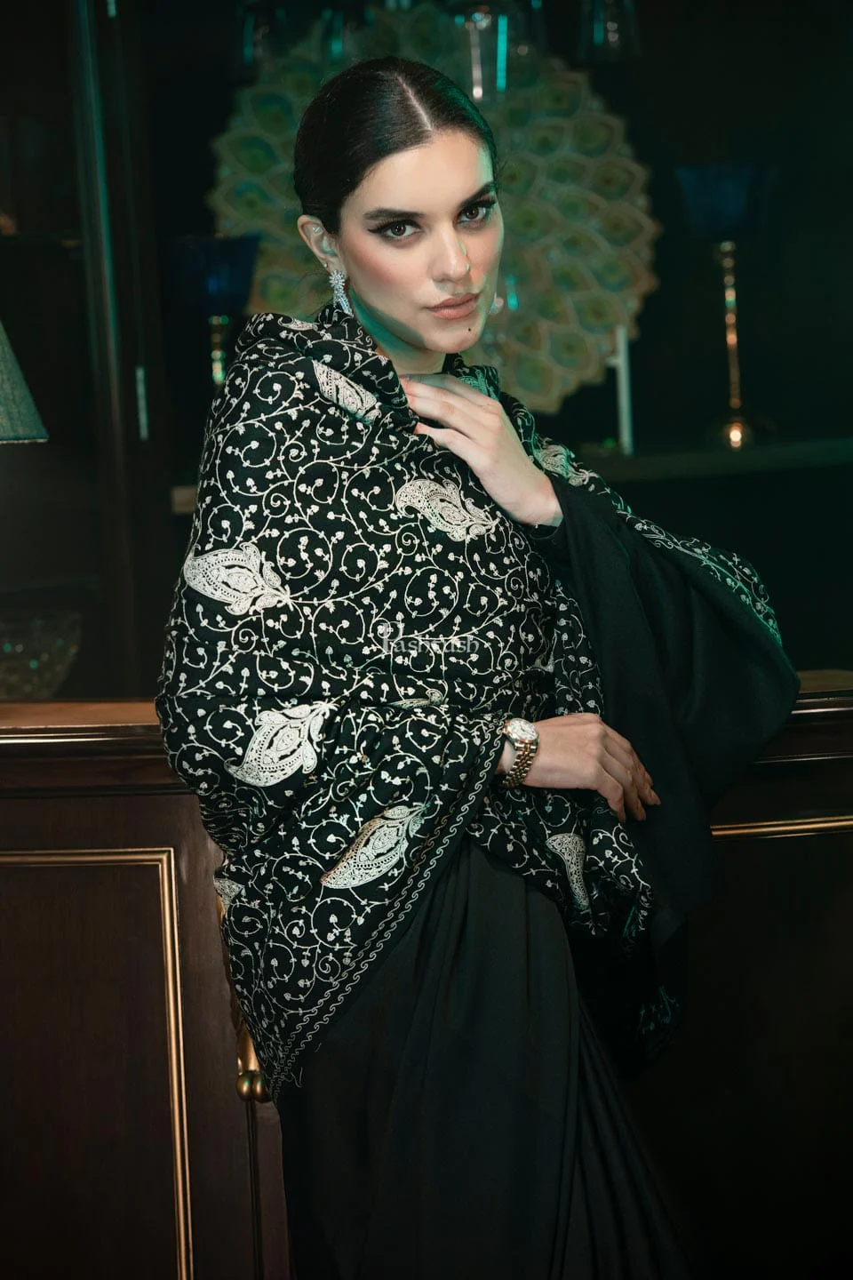 Pashtush womens Fine Wool Shawl, tone on tone embroidery design, Black - Image 5