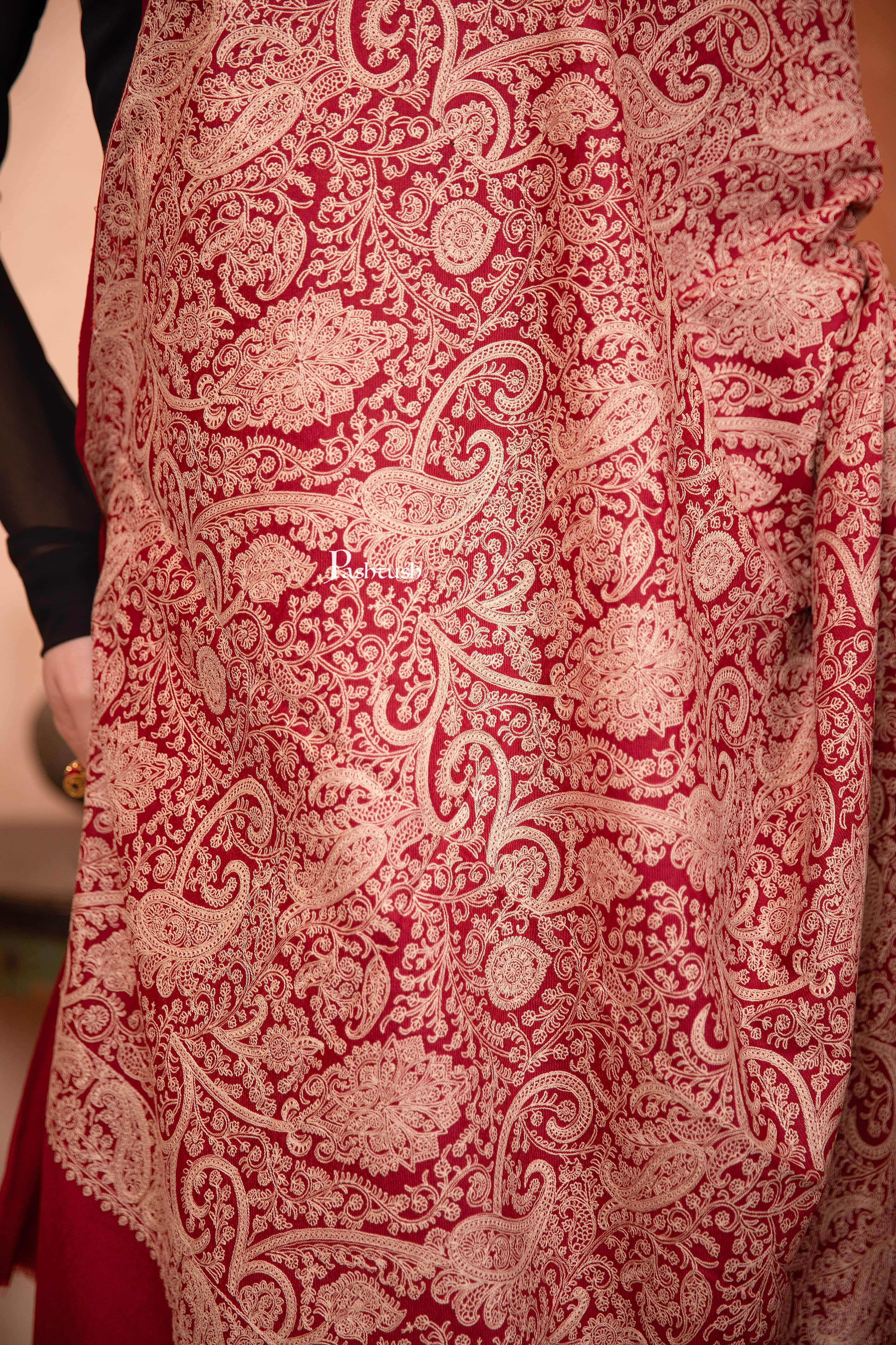 Pashtush Womens Fine Wool Shawl, Tone On Tone Heavy Jaal Embroidery Design, Maroon - Image 2