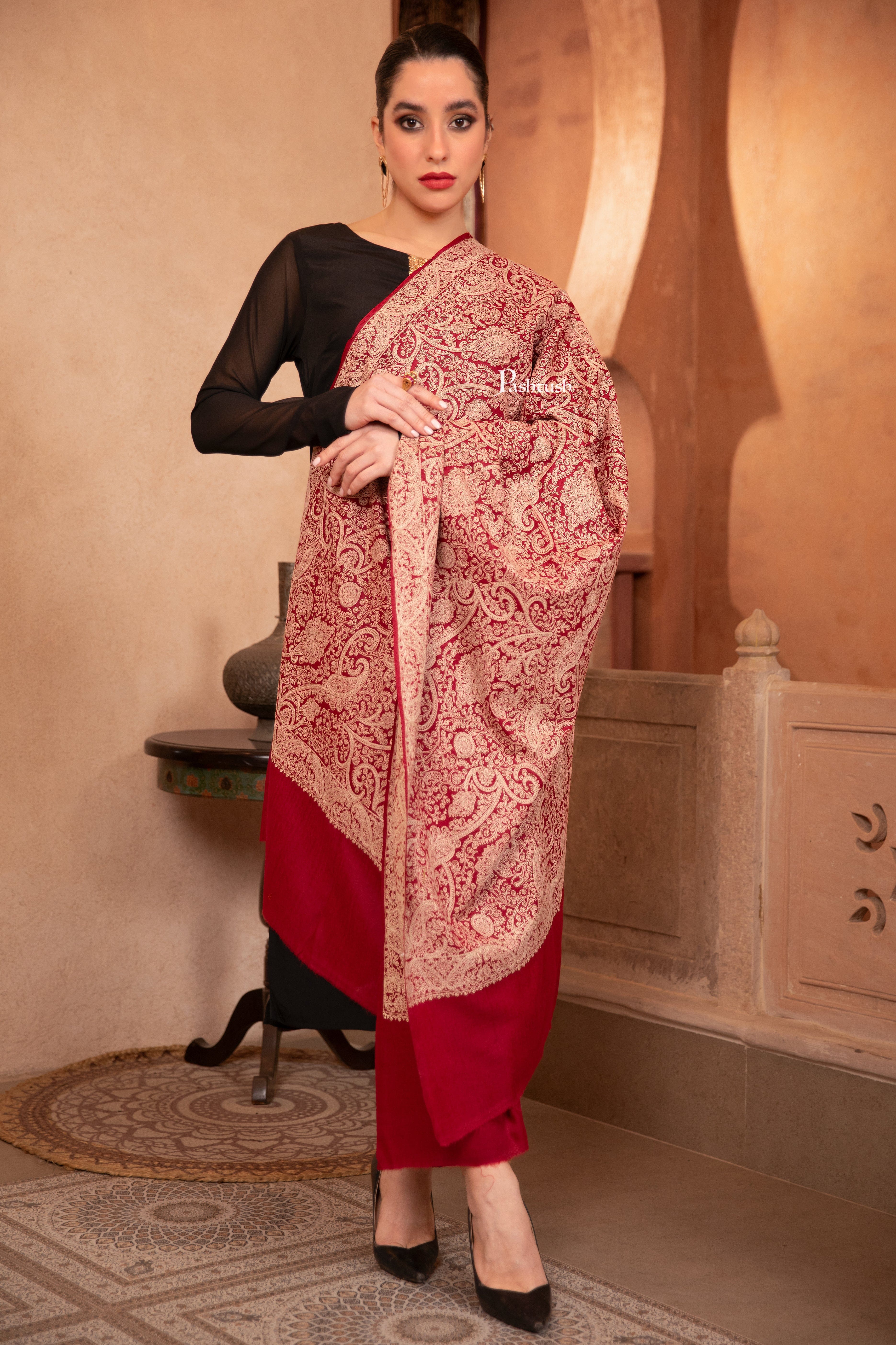 Pashtush Womens Fine Wool Shawl, Tone On Tone Heavy Jaal Embroidery Design, Maroon - Image 4