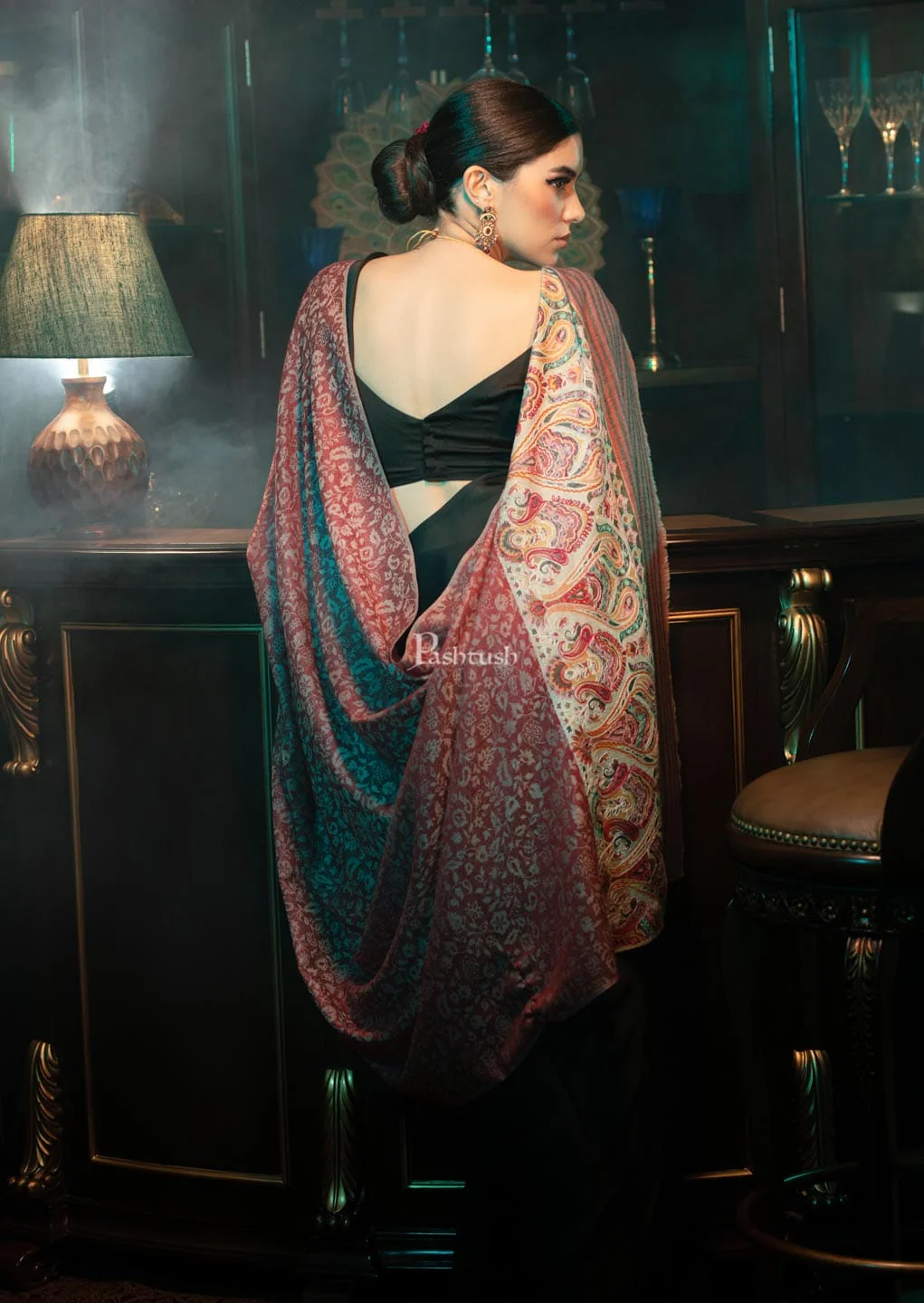 Pashtush womens Fine Wool shawl, With Embroidered Ethnic Palla design, Soft and Warm - Image 4